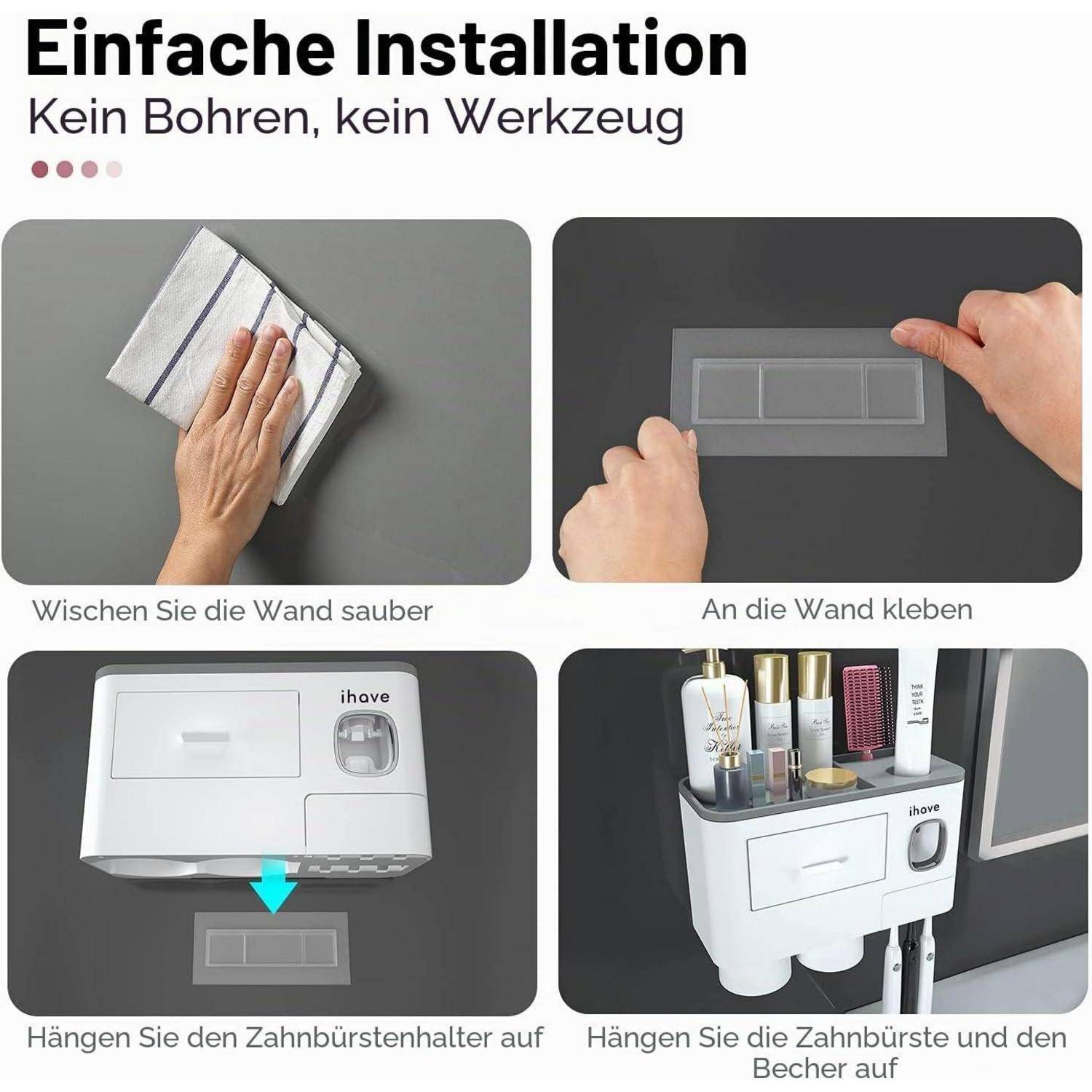 Infografik zur einfachen Installation eines Zahnbürstenhalters: Wand reinigen, Haftpad anbringen, Halter aufhängen, dann Zahnbürste und Zahnpasta hinzufügen.