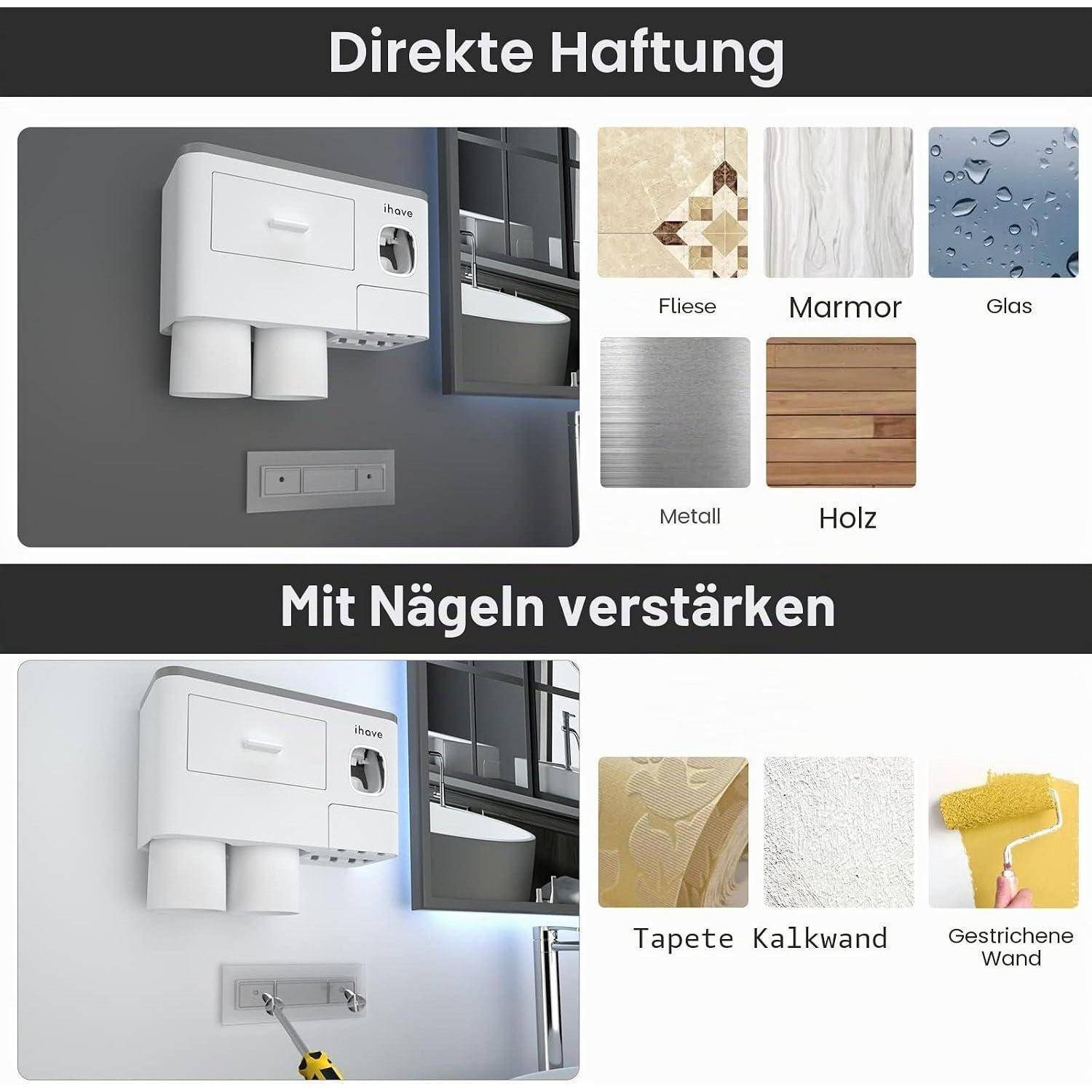 Deutsches Installationshandbuch für ein an der Wand montiertes Gerät: direkte Klebemontage auf Fliesen, Marmor, Glas, Metall oder Holz; verwenden Sie Nägel für Tapeten, Gips oder gestrichene Wände.
