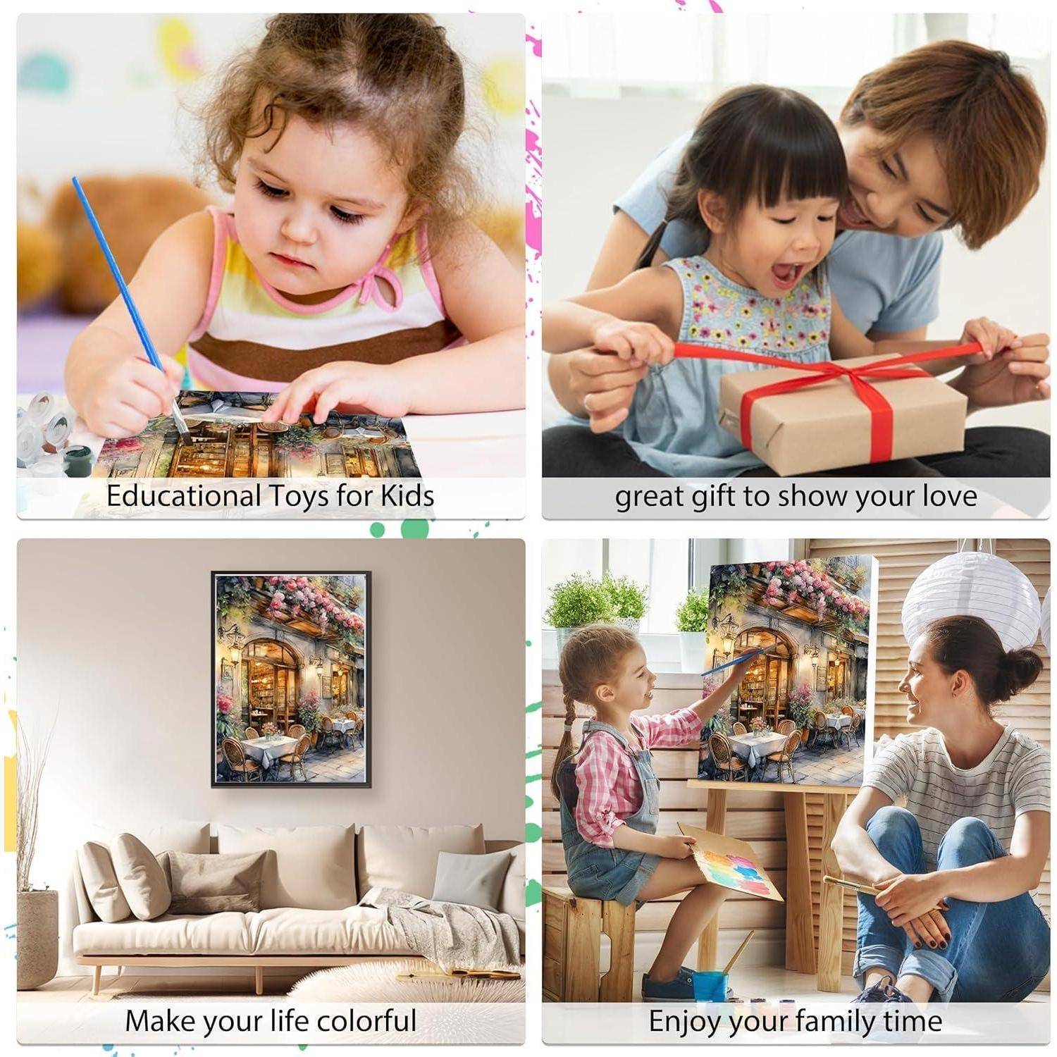 Collage aus vier Lifestyle-Anzeigen: Kind malt mit „Pädagogisches Spielzeug für Kinder