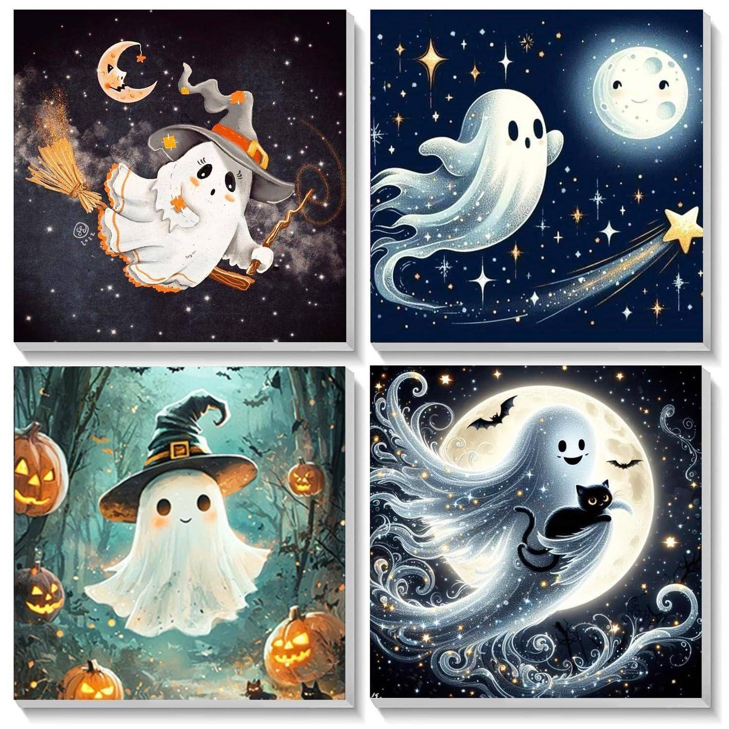 Vier Halloween-themed Geisterillustrationen auf einem 2x2-Gitter: ein Hexengeist auf einem Besen, ein schwebender Geist unter dem Mond, ein Geist in einem Wald und ein Geist mit einer schwarzen Katze.
