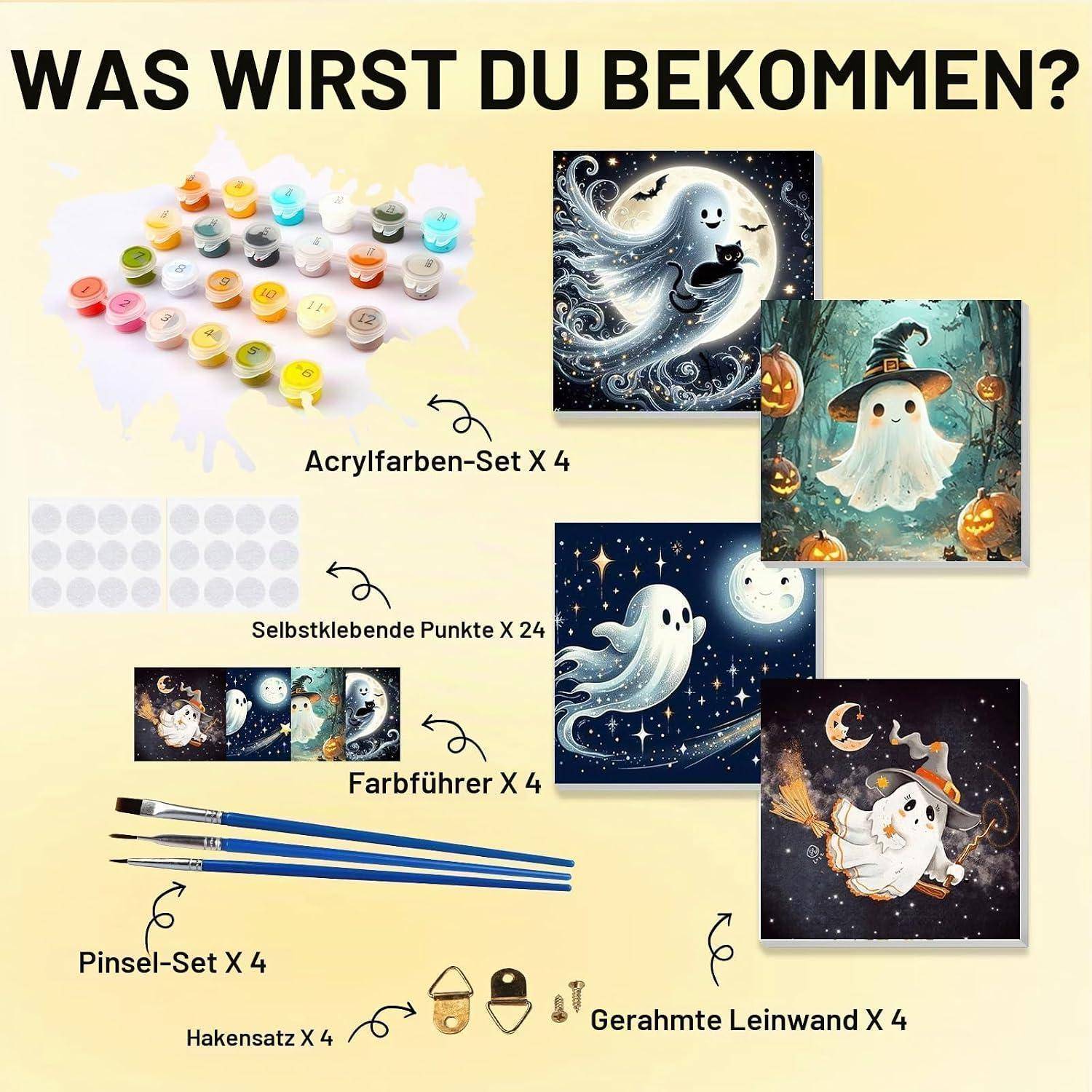 Bowetile 4 Stück Halloween Malen Nach Zahlen mit Rahmen für Erwachsene Kinder, Geist Malen Nach Zahlen Kinder Anfänger ab4-12,Gemäide Bastelset au