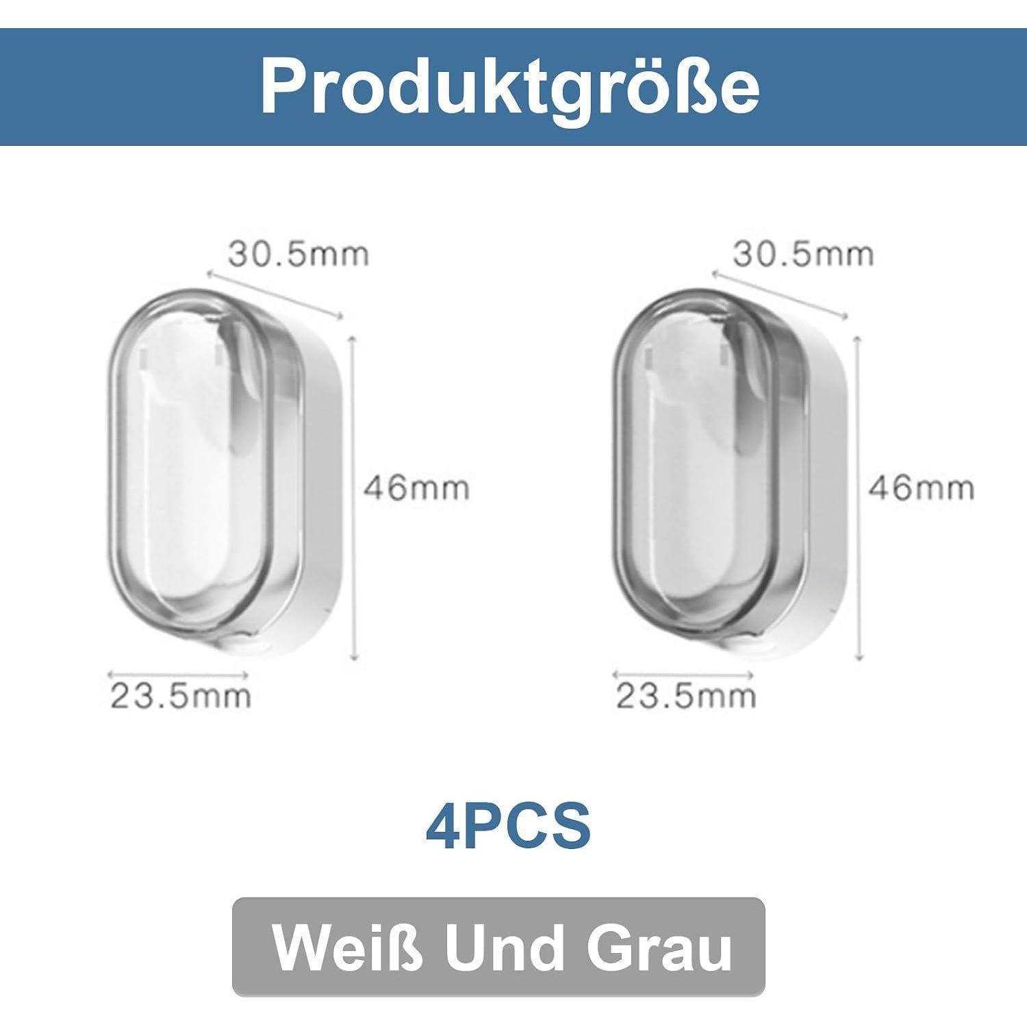 Produktgrößentabelle mit zwei ovalen weiß-grauen Artikeln, jeweils 30,5 mm breit, 46 mm hoch und 23,5 mm tief; das Set enthält 4 Stücke.