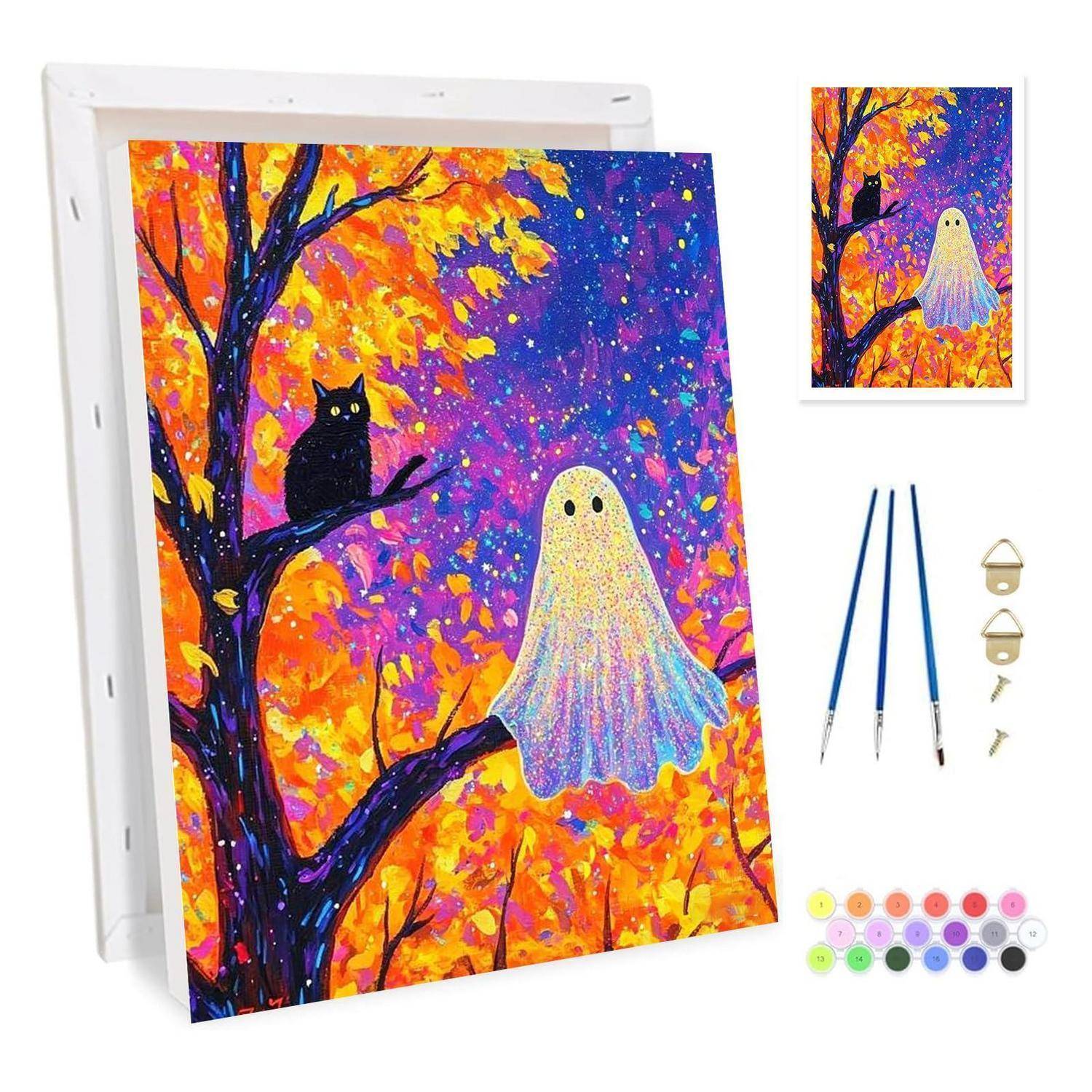 DIY-Malbuch-Set mit einer gruseligen Herbstszene mit einer schwarzen Katze auf einem Baumast und einem Gespenst, plus Pinseln, Farbtöpfen und Aufhängehardware.