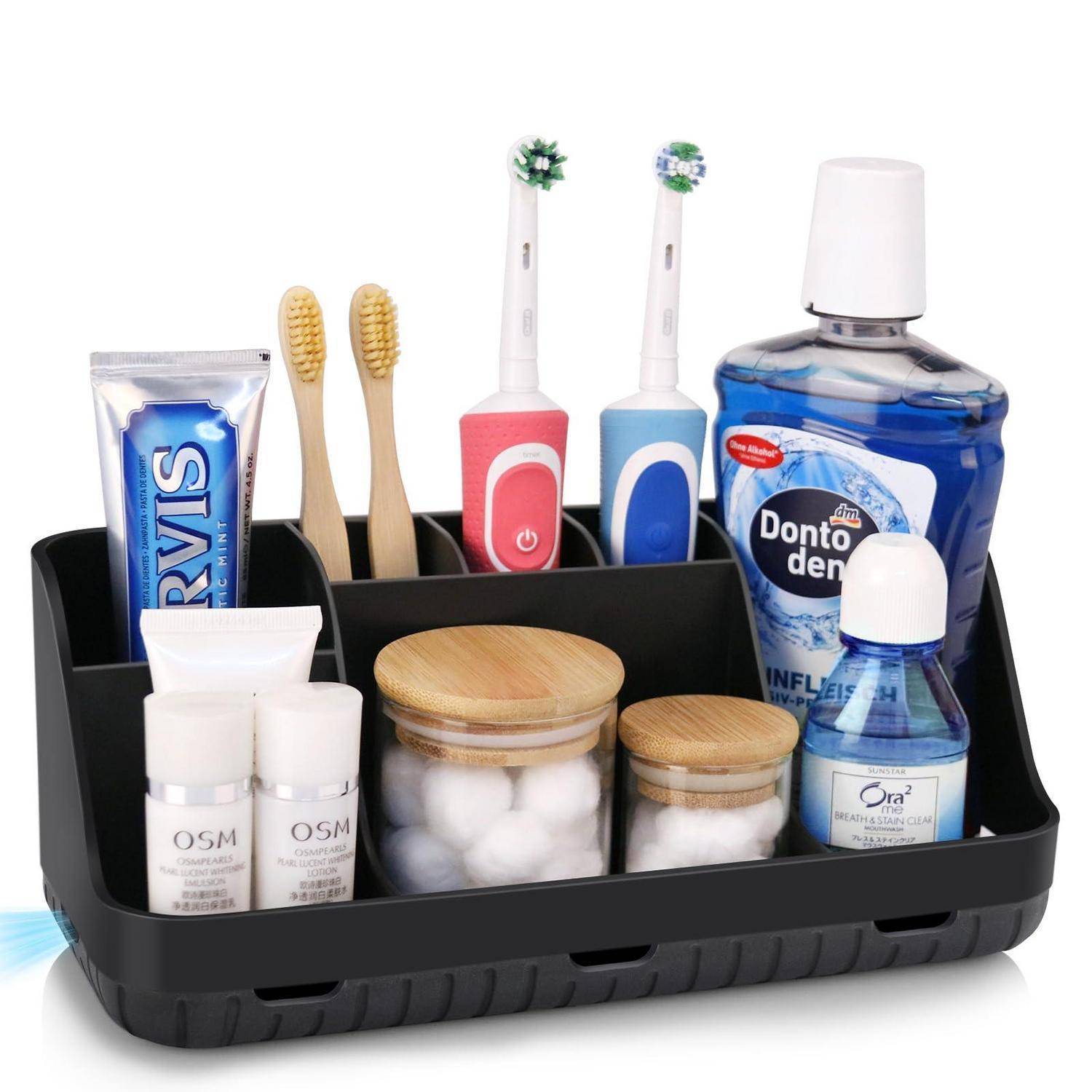 Badezimmer-Arbeitsplattenorganizer, der Zahnbürsten, Zahnpasta, Mundwasser, Mundspülung und Wattebehälter hält.