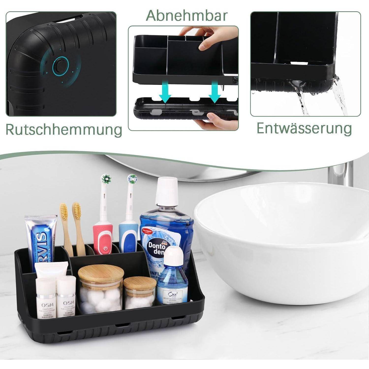 Schwarzes rutschfestes Badezimmer-Tablett mit abnehmbarem Einsatz und Drainage, gezeigt mit Zahnbürsten, Zahnpasta und Toilettenartikeln neben einer weißen Spülschüssel.