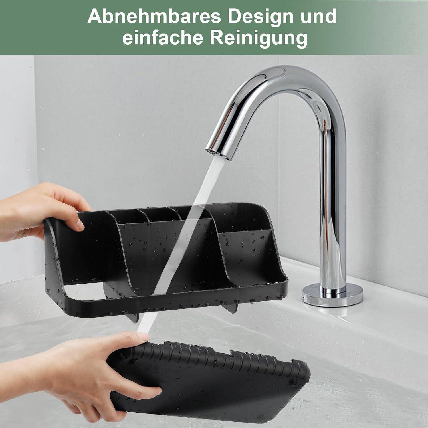 Hände entfernen einen schwarzen Spülenorganizer unter fließendem Wasser; Text sagt „Abnehmbares Design und einfache Reinigung