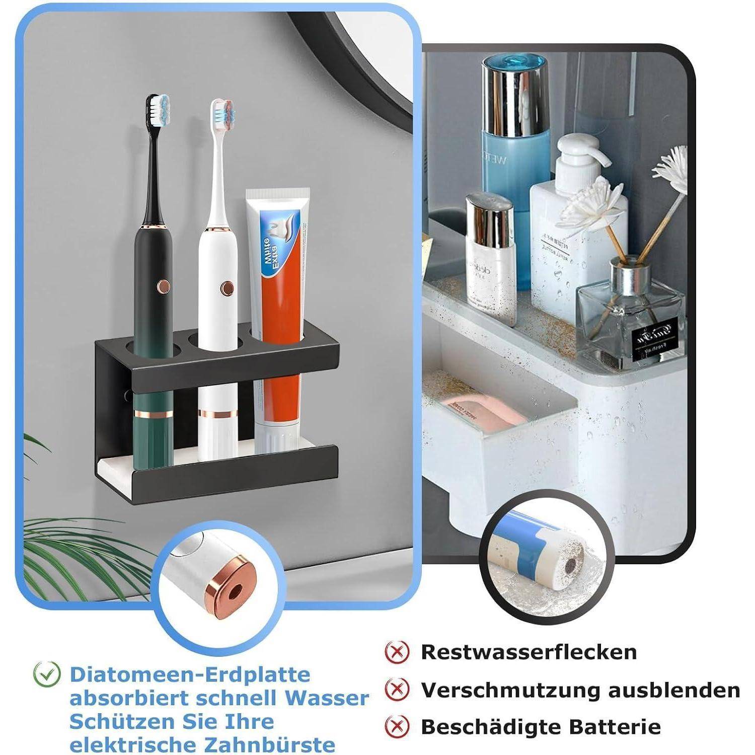 Werbebild eines an der Wand angebrachten Badezimmerorganizers, der elektrische Zahnbürsten und Zahnpasta hält und einen Zahnbürstenhalter mit einem Diatomeenerdetablett zeigt, das Wasser aufnimmt und Unordnung verborgen hält; deutscher Text hebt Vorteile und Wasserspuren hervor.