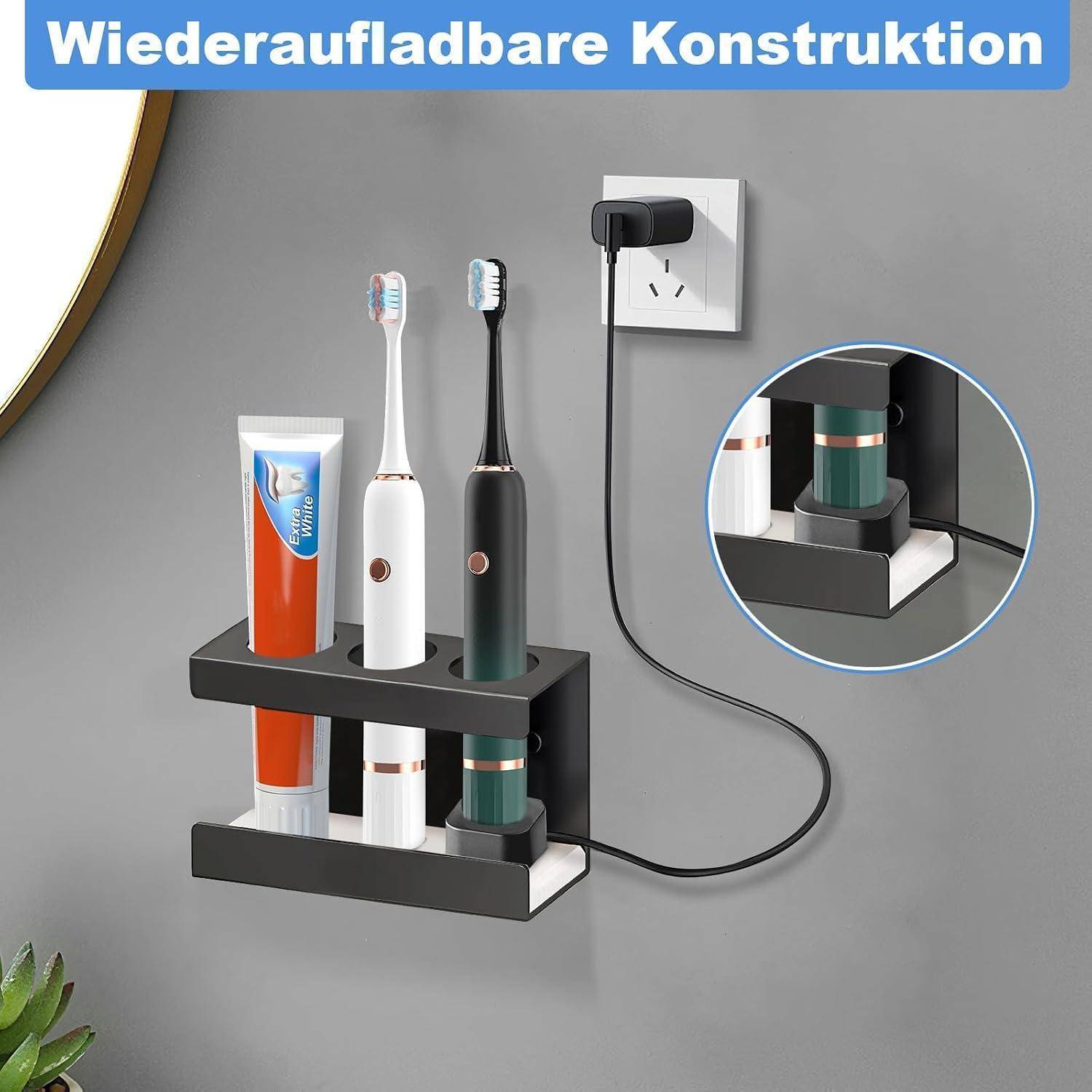 Wandmontierter Zahnbürsten- und Zahnpastahalter mit integriertem Ladegerät für elektrische Zahnbürsten; die Vergrößerung zeigt die Ladebasis, beschriftet mit „Wiederaufladbare Konstruktion