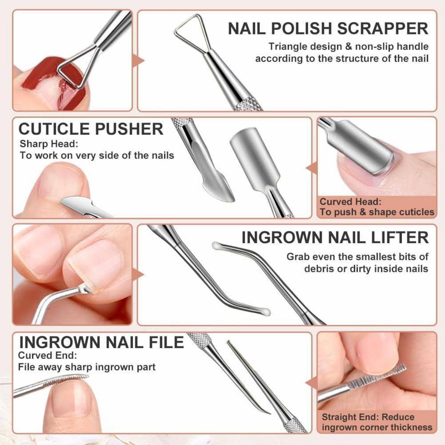 Infografik von vier Edelstahl-Nagelwerkzeugen: Nagellackschaber, Nagelhautschieber, Eingewachsener-Nagel-Heber und Eingewachsener-Nagel-Feile, jeweils mit Funktionsbeschreibung und Nahaufnahme der Anwendung.