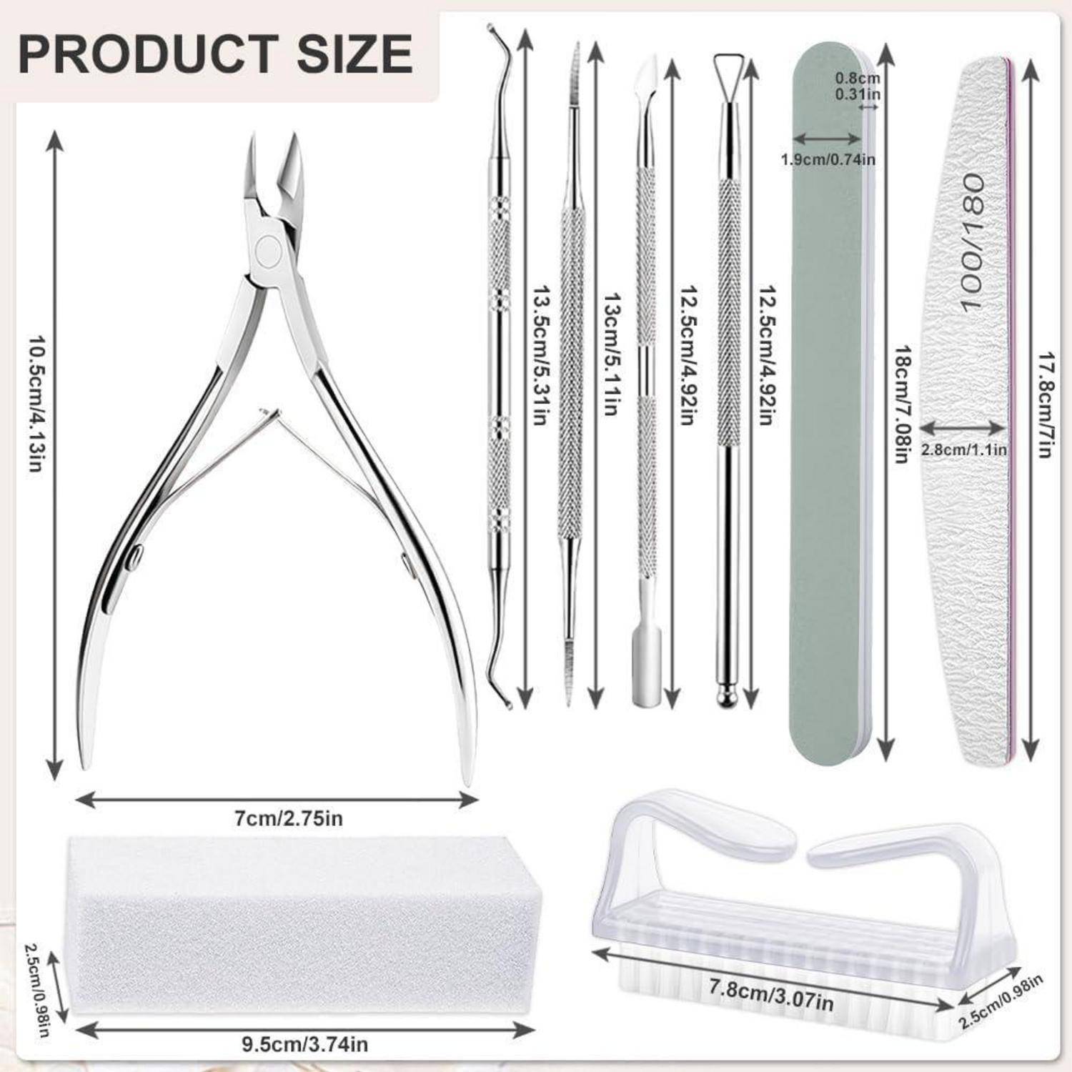 Größentabelle für Produkte mit Maniküre-Werkzeugen: Nagelknipser, fünf Metallwerkzeuge, Nagelfeile, Polierblock und klares Pinsel-Staubbürsten-Werkzeug mit ihren Abmessungen in cm und Zoll.