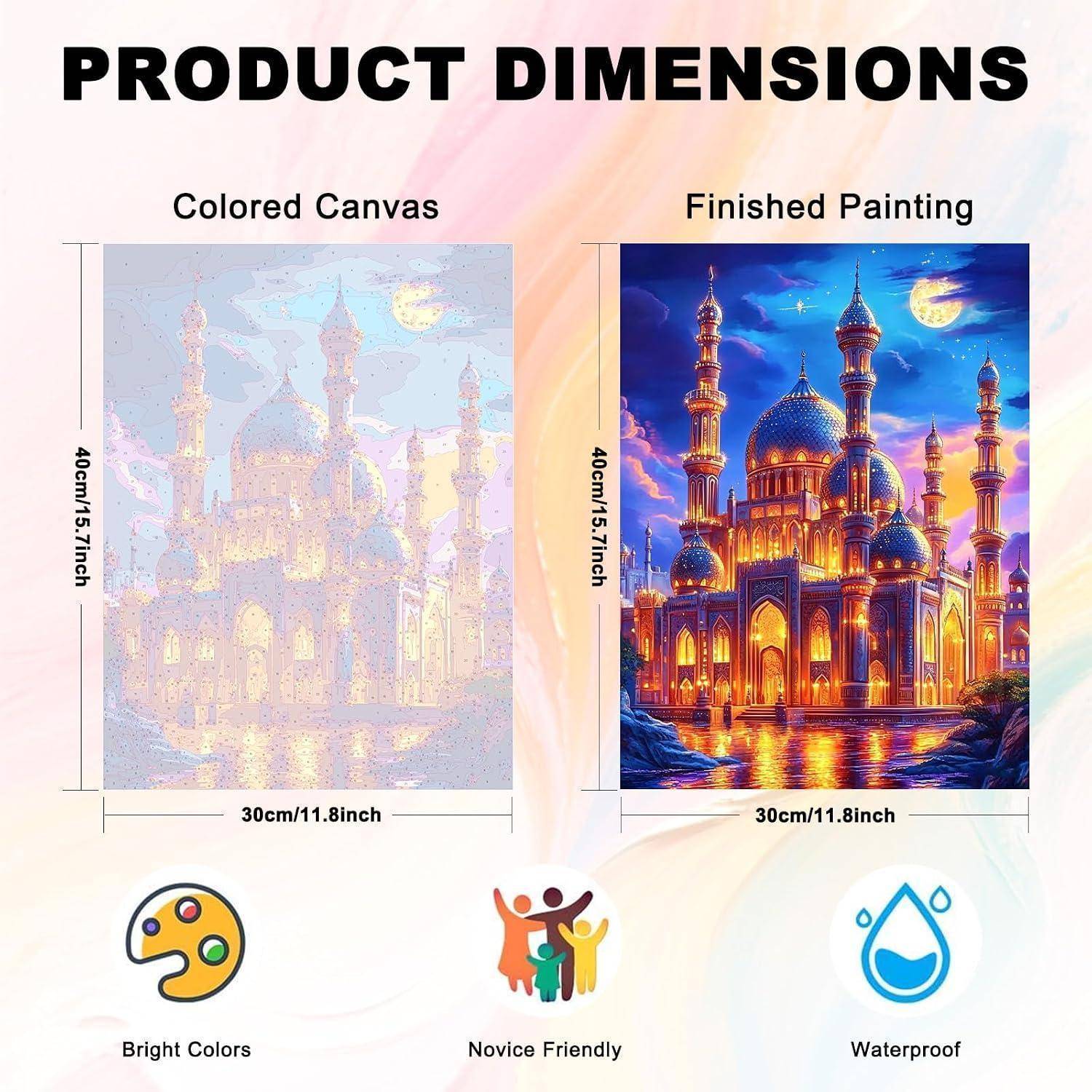 Produktdimensionen-Grafik mit einer 30 cm x 40 cm Leinwand und einem fertigen Gemälde einer Moscheen-Szene, mit Symbolen für leuchtende Farben, anfängerfreundlich und wasserfest.