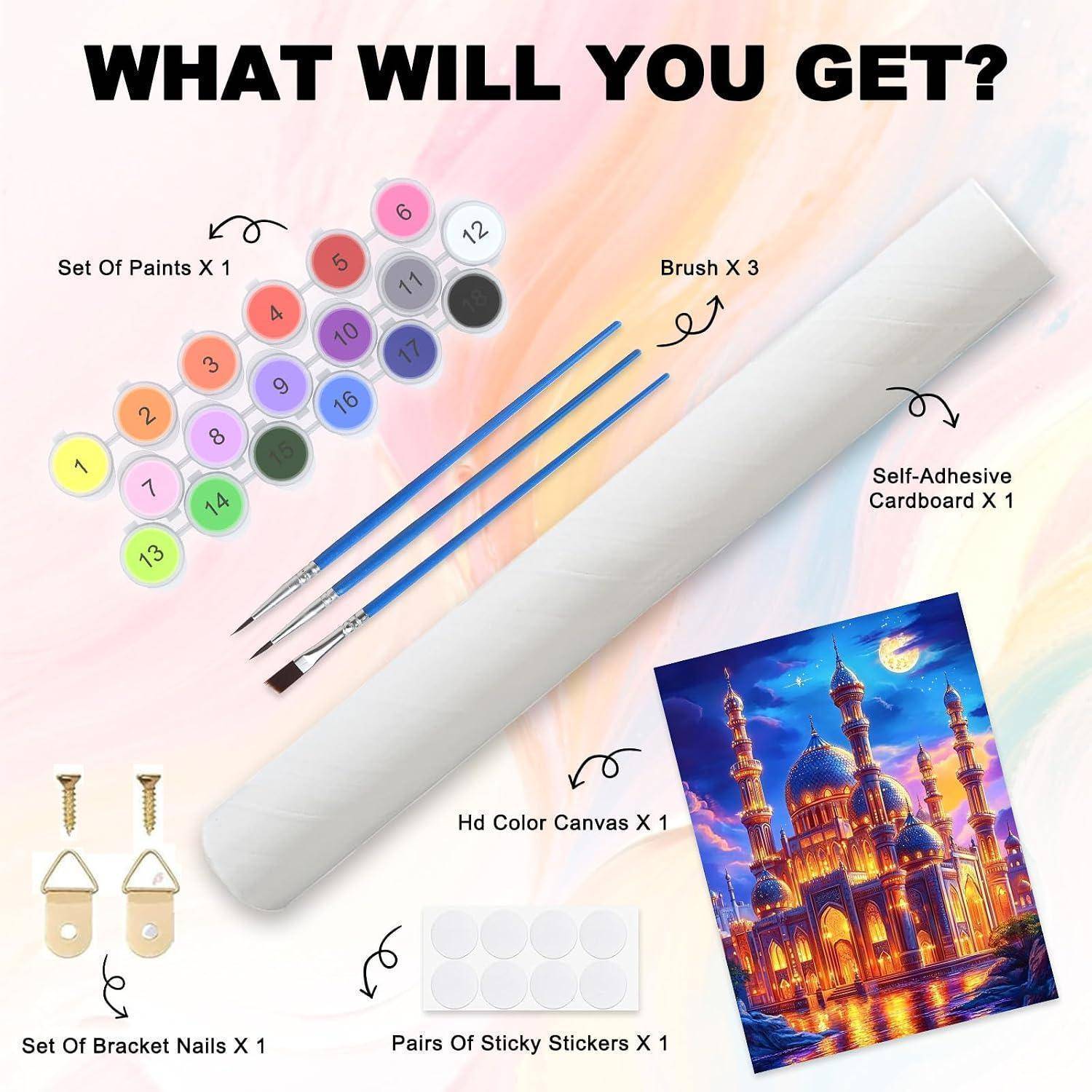 Das Set enthält 1 Malset, 3 Pinsel, 1 selbstklebendes Kartonrolle, 1 HD-Farbenleinwand, 1 Halterungsnagel-Set und 1 Blatt Klebsticker.