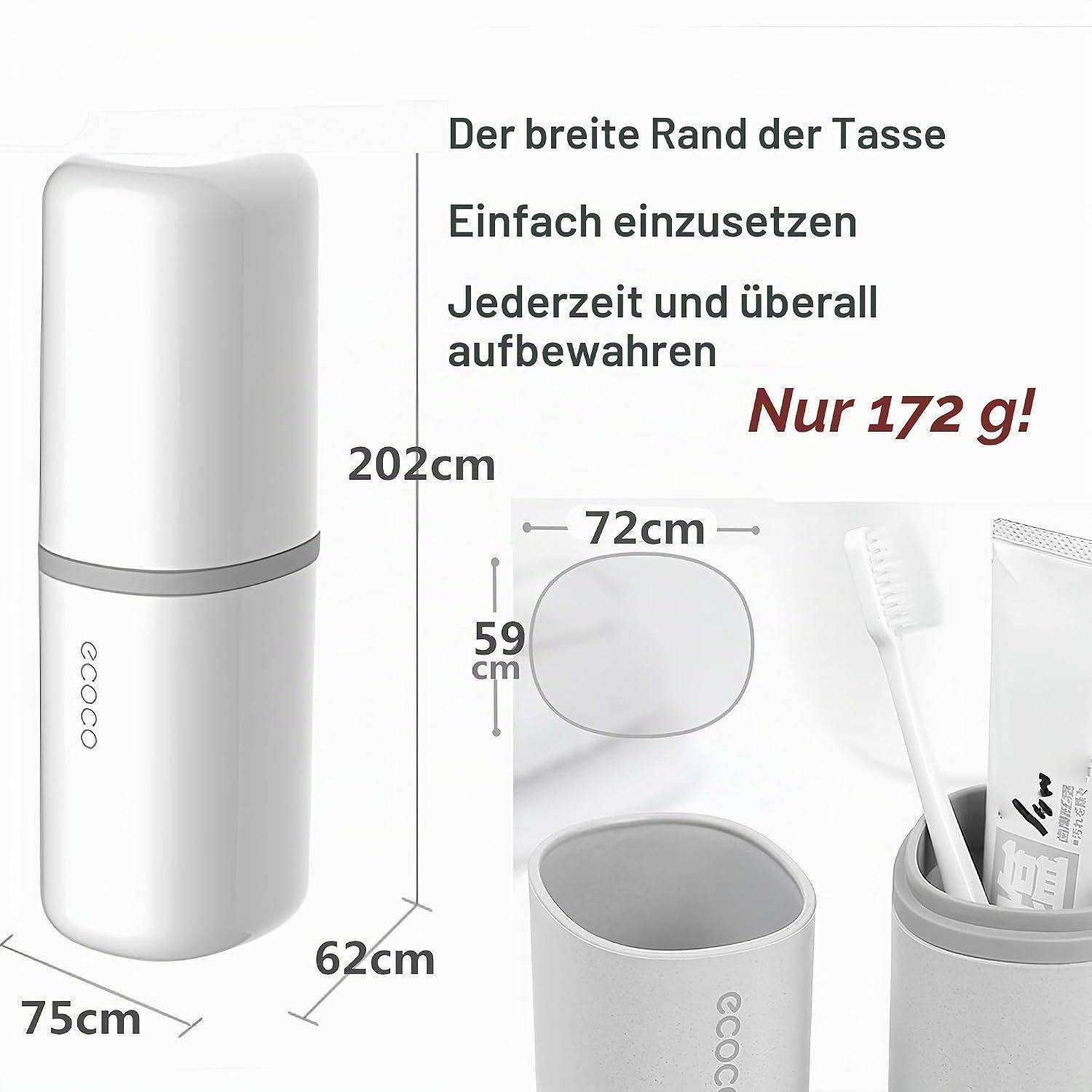 Weiße zylindrische Reisebecher mit Deckel, gezeigt mit Abmessungen 202 cm hoch und 75 cm breit; Text besagt einfach zu bedienen, überall zu lagern und „Nur 172 g!