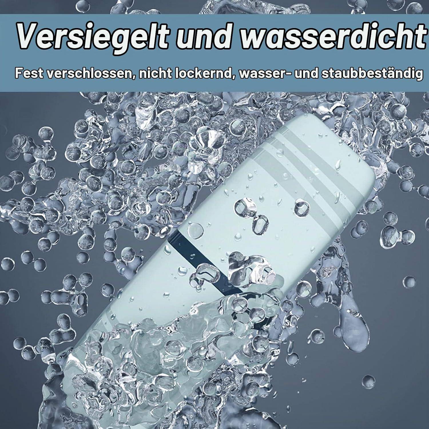 Wasserdichtes weißes Gerät oder Flasche mit Spritzern im Wasser, mit deutschem Text „Versiegelt und wasserdicht