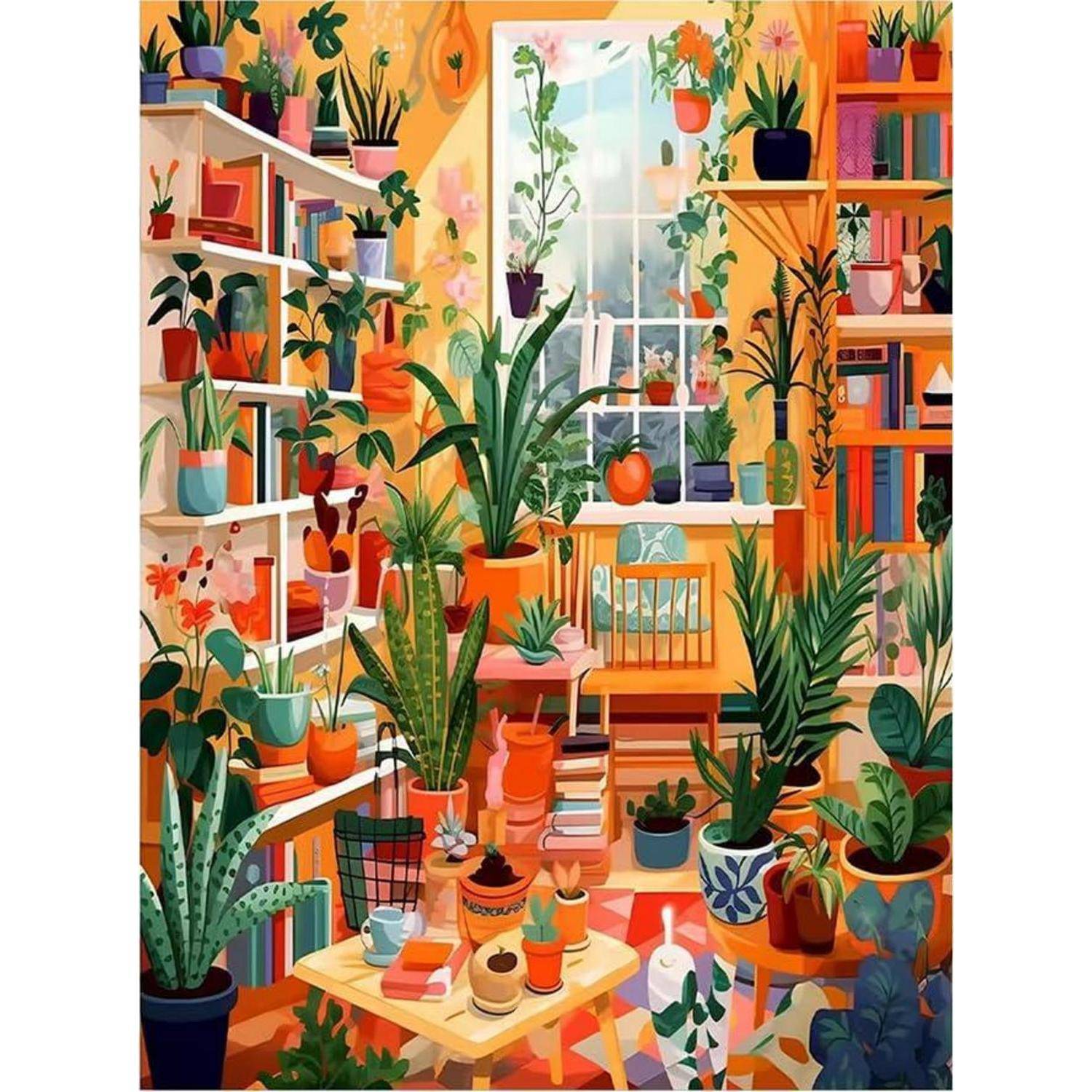 Buntes Zimmer im Inneren, das mit Topfpflanzen gefüllt ist, Bücherregale und ein Fenster aufweist und eine gemütliche, pflanzenreiche Leseecke schafft.