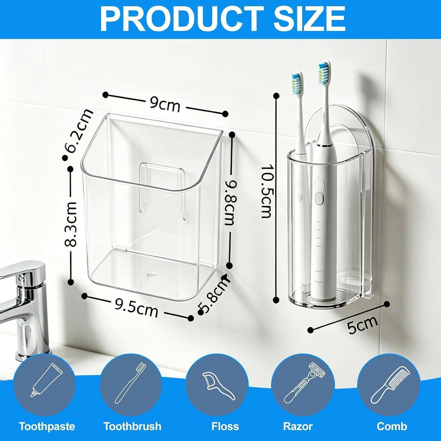 Produktgrößentabelle mit einem klaren, wandmontierten Badezimmerorganizer für Zahnpasta, Zahnbürste, Zahnseide, Rasierer und Kamm, mit beschrifteten Abmessungen.