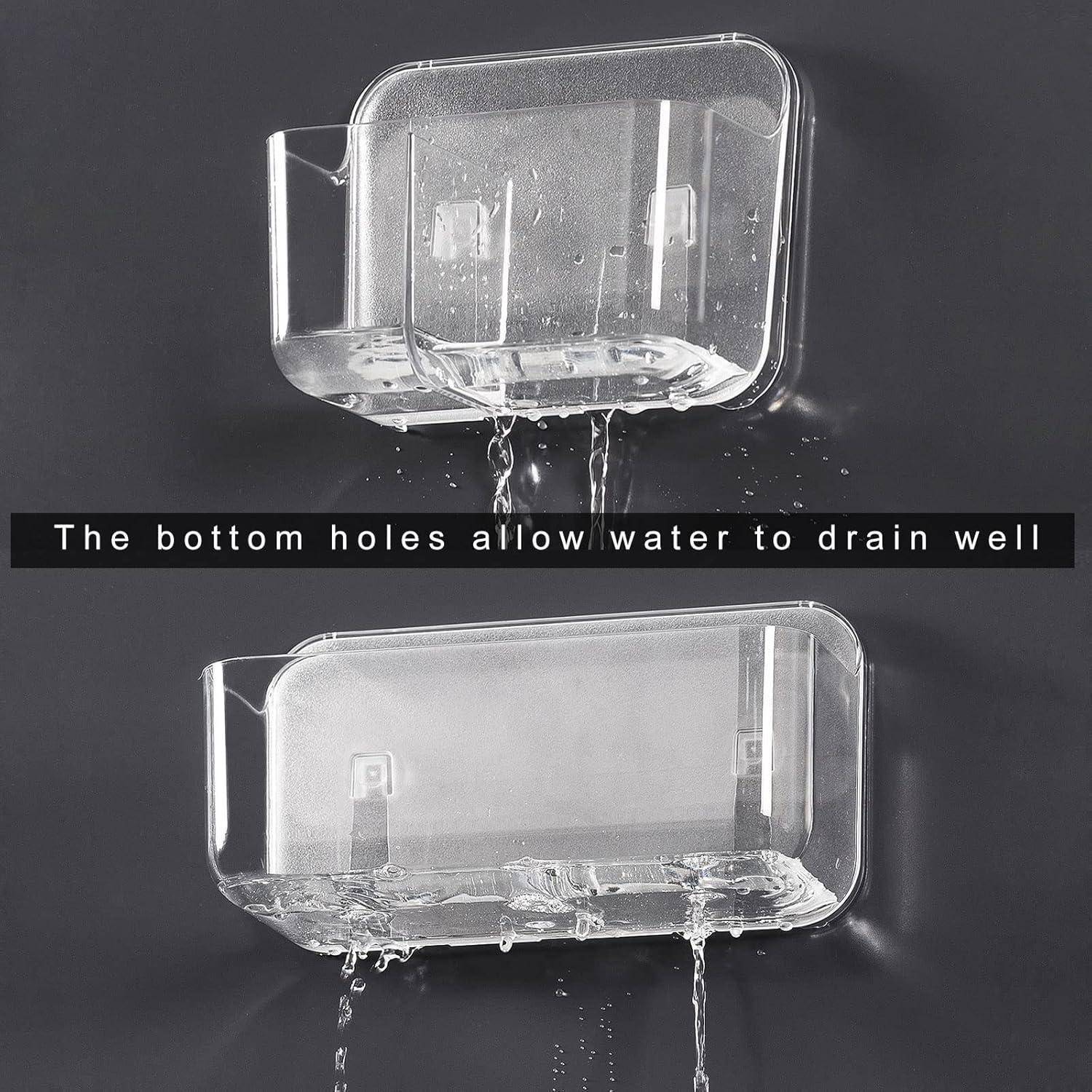 Transparenter, an der Wand montierter Behälter mit Drainagelöchern, aus dem Wasser abfließt; die Beschriftung lautet „Die Löcher am Boden ermöglichen eine gute Wasserdrainage