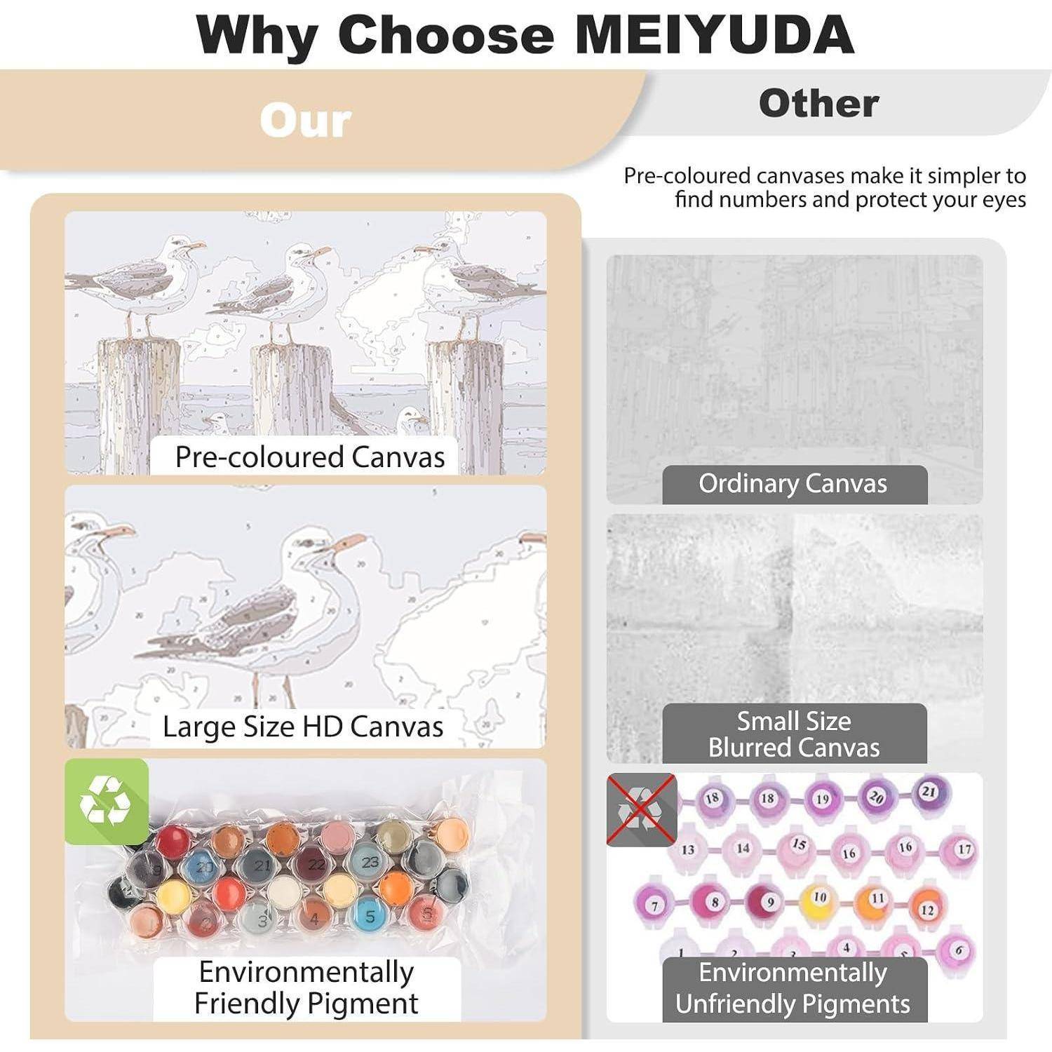 Vergleichstabelle der Vorteile von MEIYUDA: vorgefärbt, großformatiges HD-Leinwand und umweltfreundliches Pigment gegenüber gewöhnlichen, unscharfen und umweltschädlichen Alternativen.