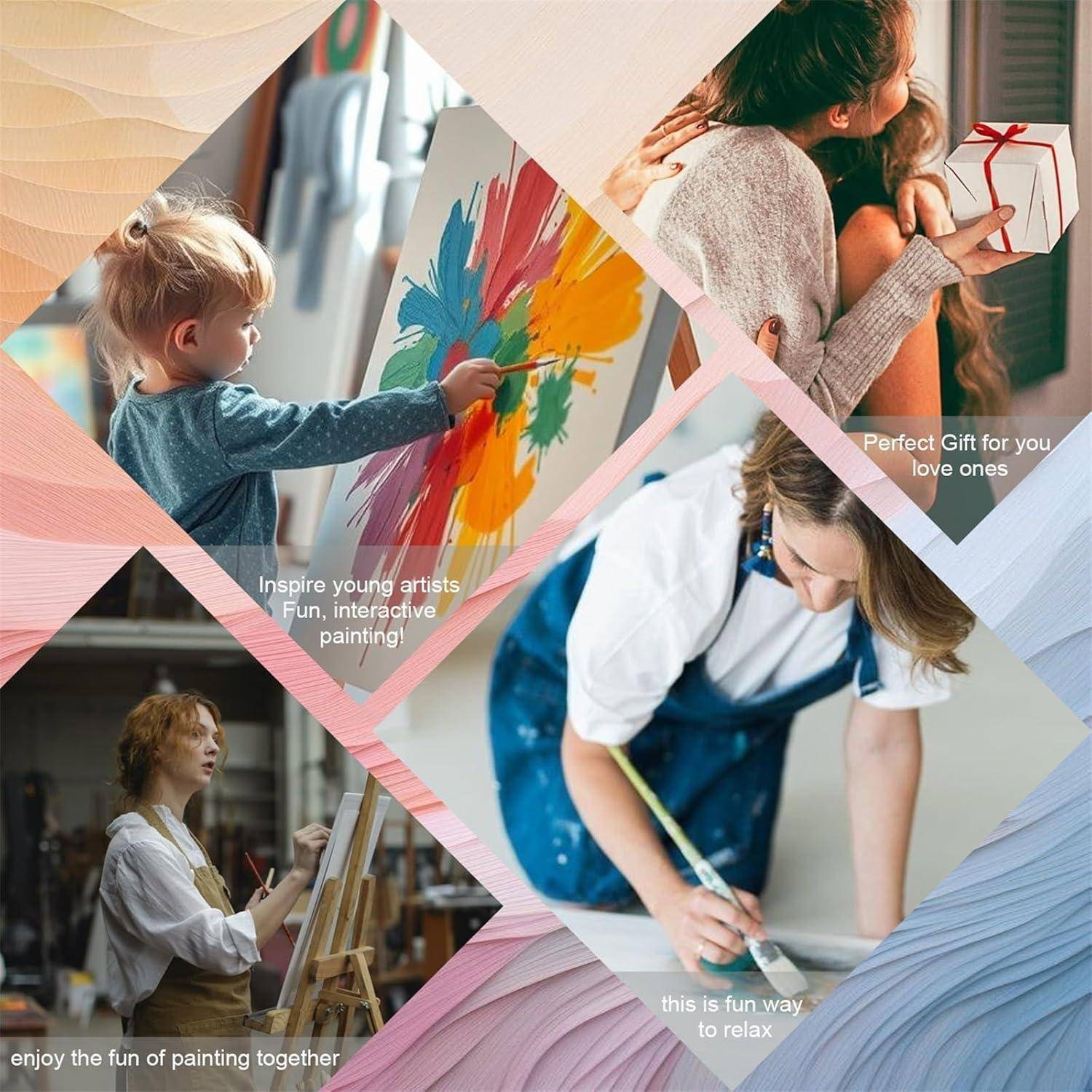 Collage zur Förderung von Malerei: Kinder und Erwachsene erschaffen Kunstwerke, entspannen sich und verschenken handgefertigte Stücke, mit Bildunterschriften wie 