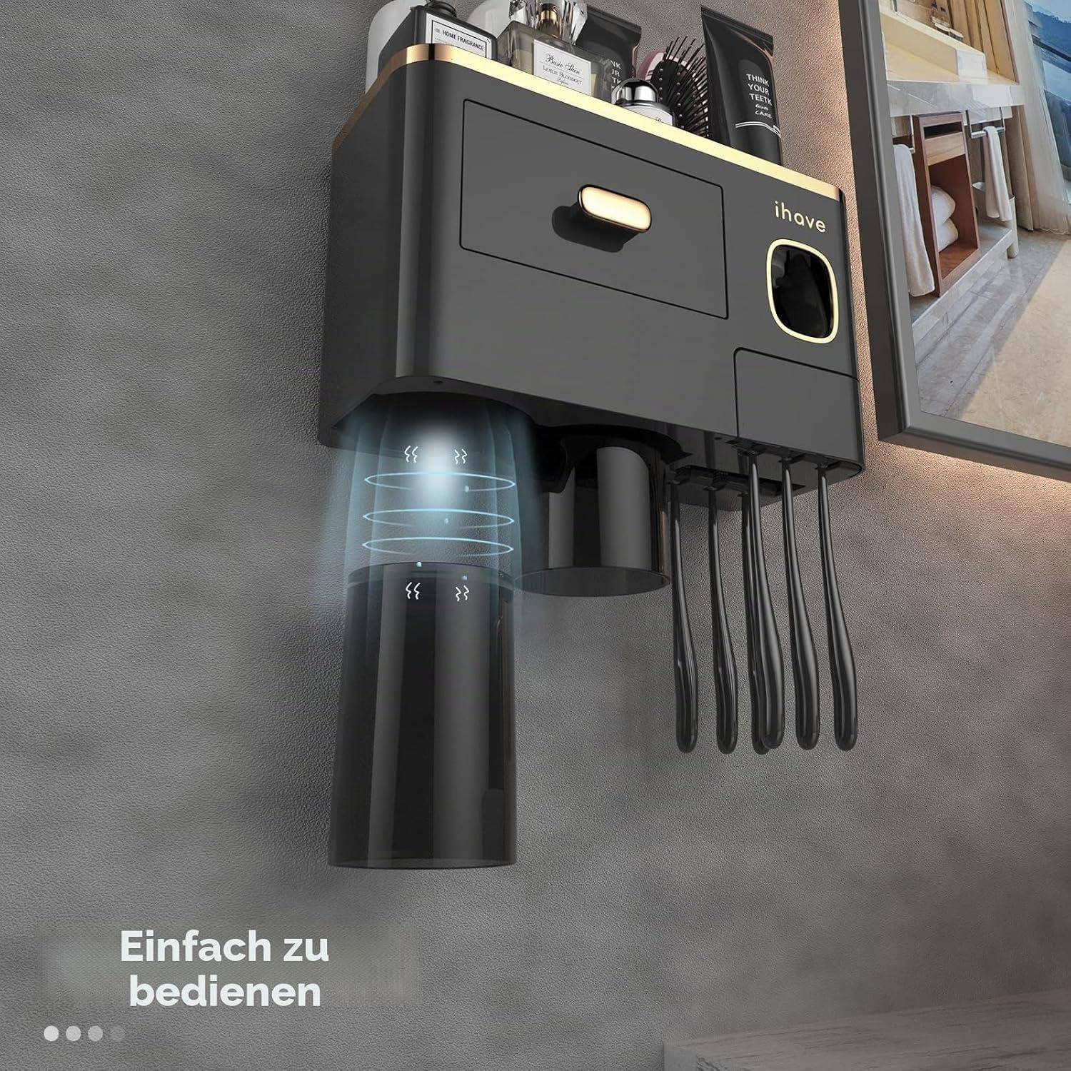 Wandmontierter schwarzer automatischer Zahnbürsten- und Becherorganizer mit deutschem Text „Einfach zu bedienen