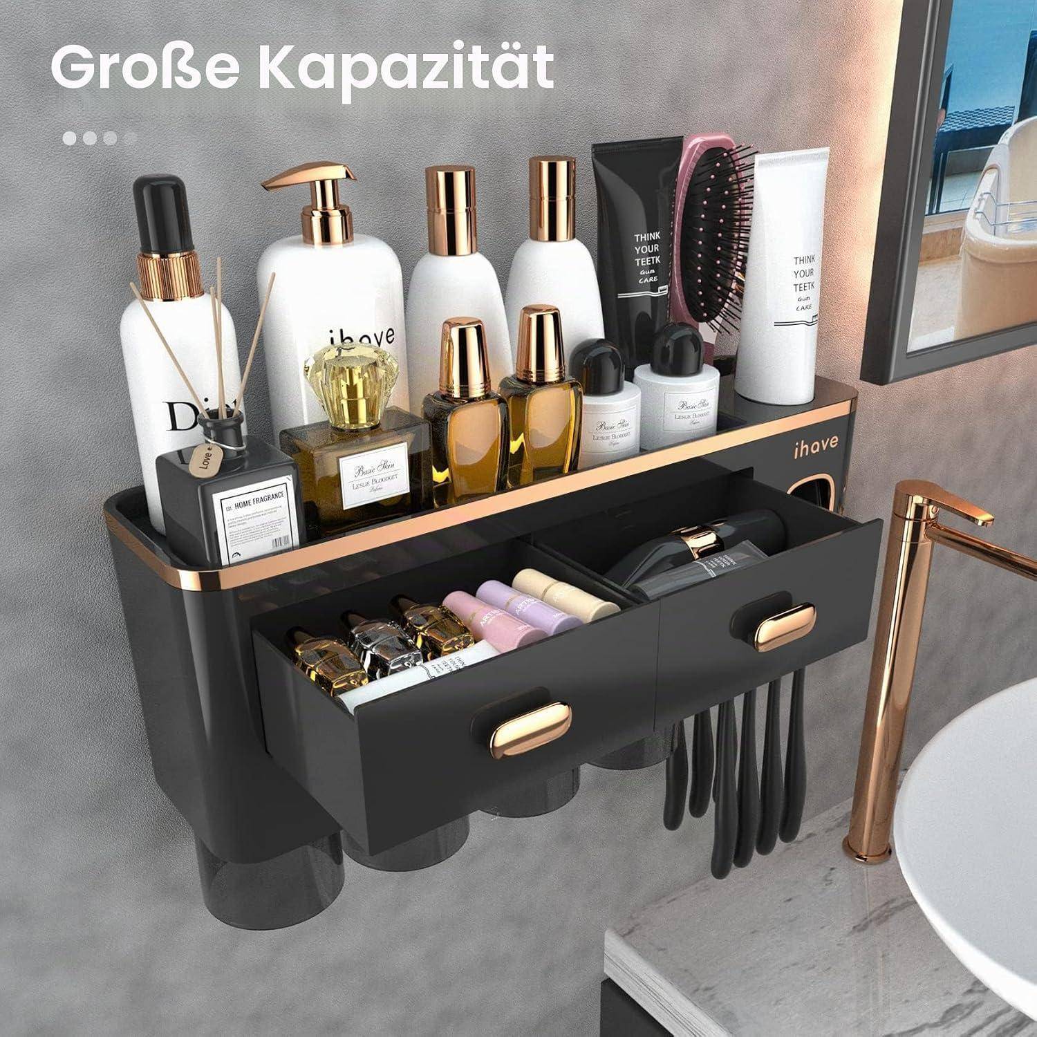 Badezimmer-Waschtischorganizer mit großer Speicherkapazität: Kosmetik- und Toilettenartikel oben, eine offene Schublade und hängende Werkzeughalter darunter.