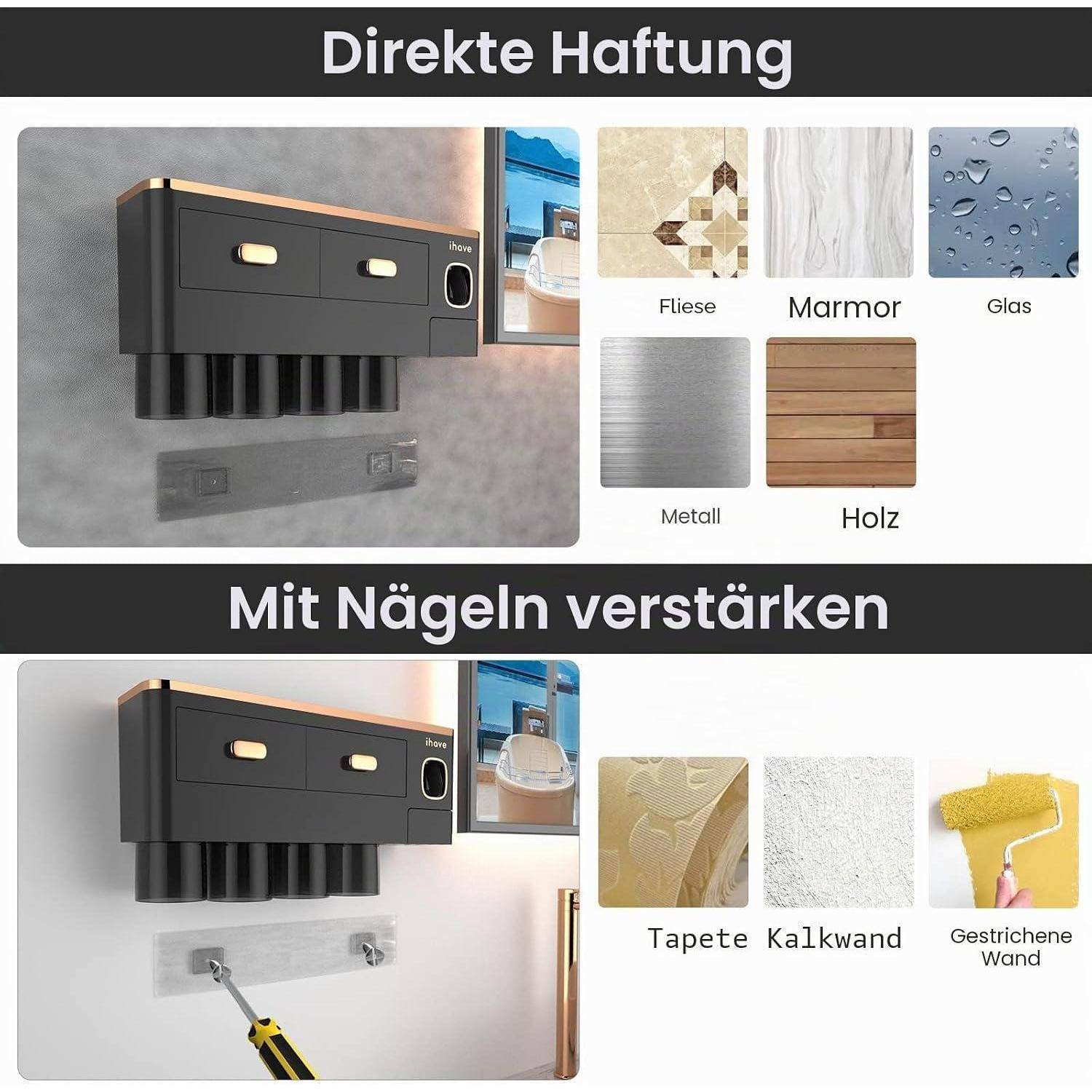 Installationsleitfaden, der einen wandmontierten Organizer auf verschiedenen Oberflächen zeigt. Oben: „Direkte Haftung