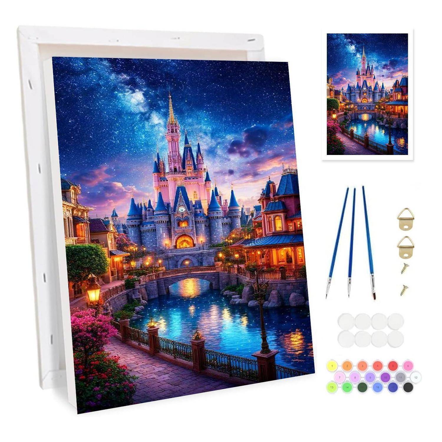 Diamond-Painting-Set mit einer Fantasieschloss an einem leuchtenden Fluss, gezeigt als fertige Artwork plus Leinwand, Werkzeuge, Bohrer und Referenzbild.