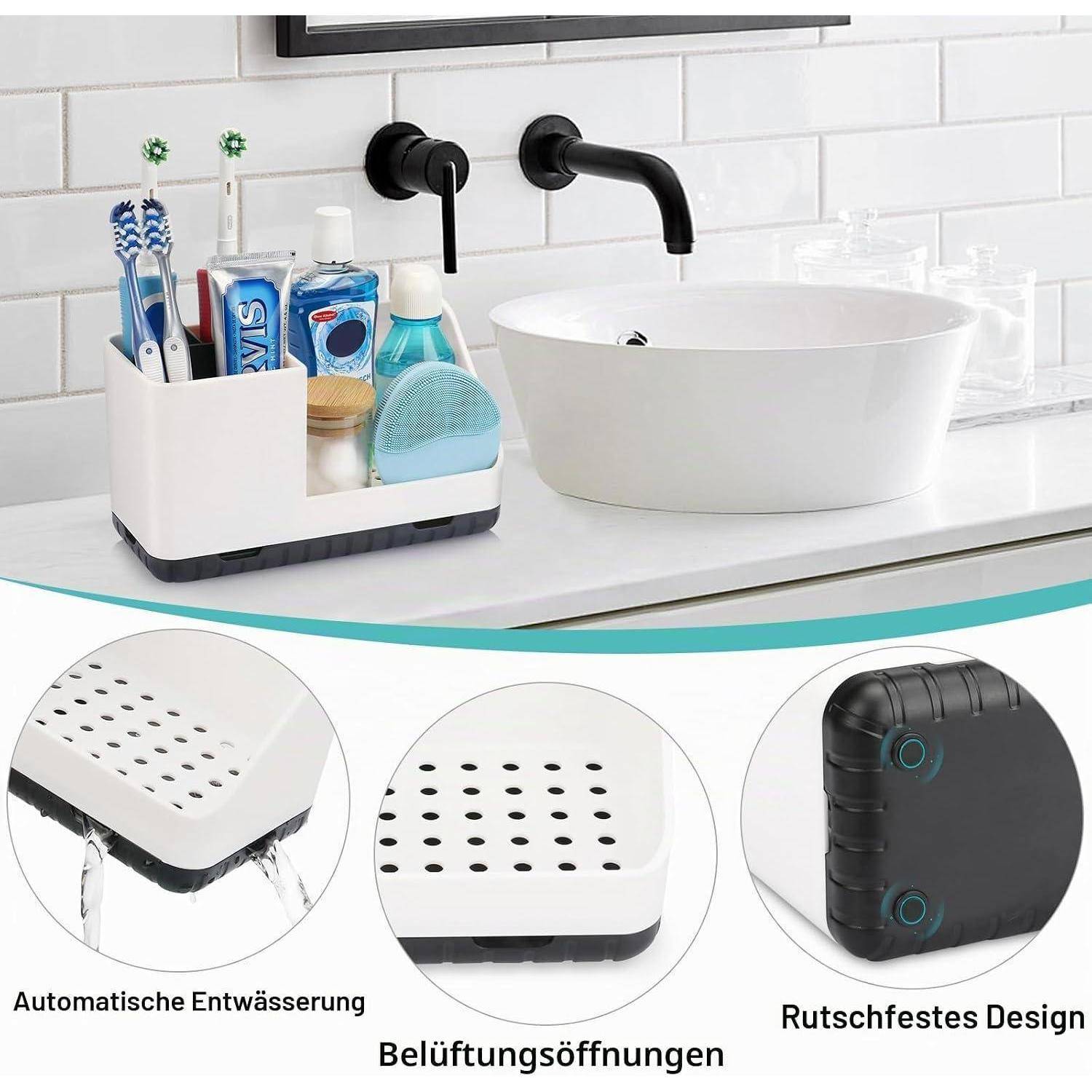 Badezimmer-Spülbecken-Organizer mit Zahnbürsten und Toilettenartikeln neben einem Waschbecken, mit automatischer Entwässerung, Belüftungslöchern und rutschfester Basisfunktion.