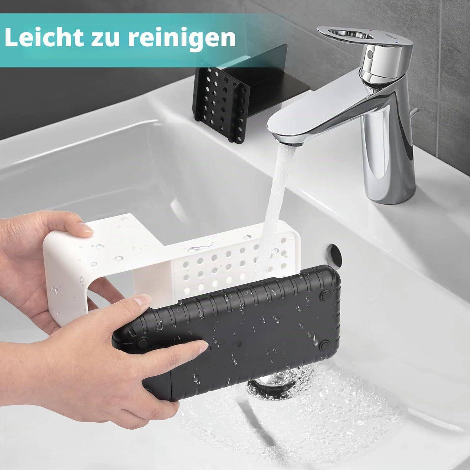 Hände waschen zwei durchlöcherte Lagerbehälter unter einem laufenden Wasserhahn mit Text „Leicht zu reinigen