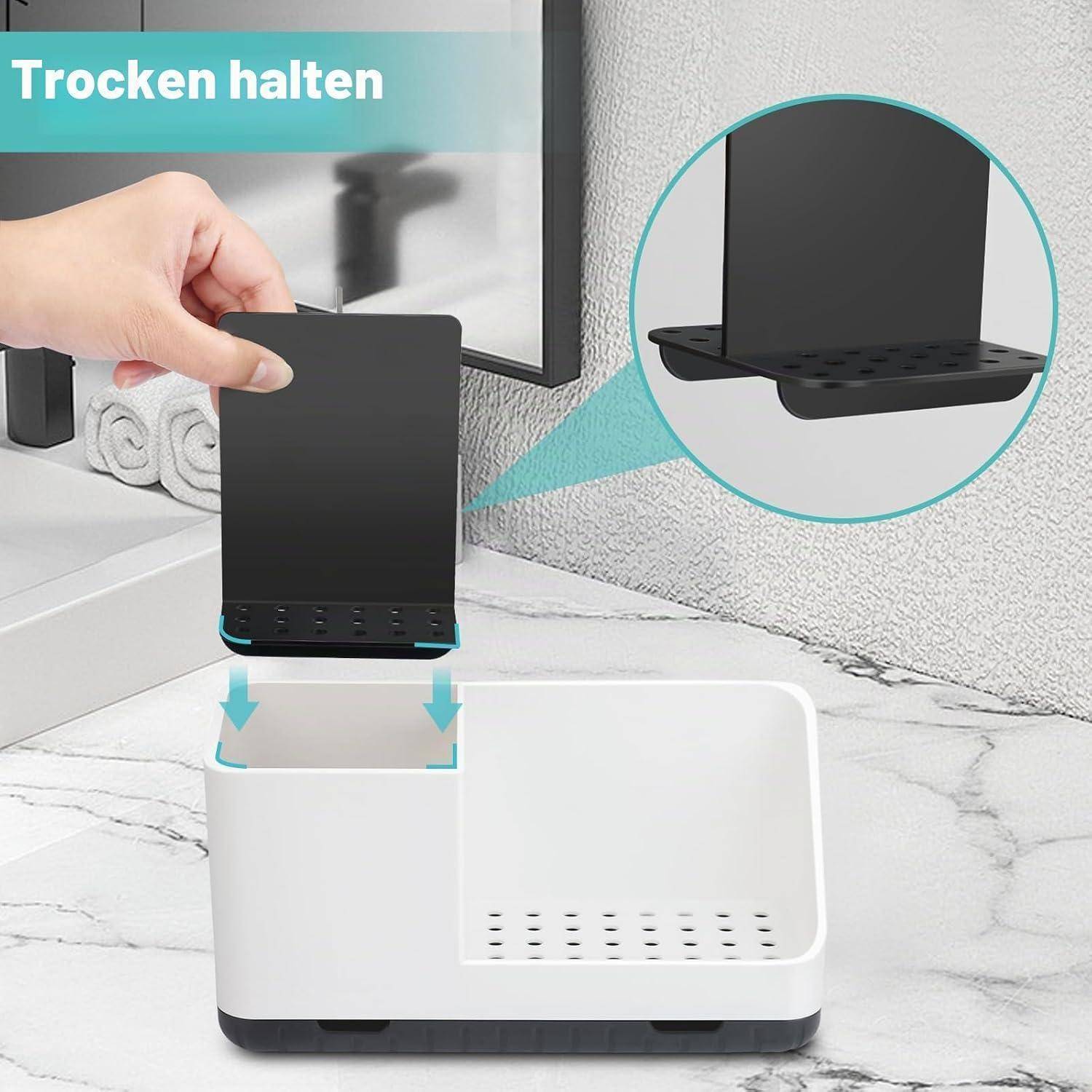 Hand, die ein schwarzes Tablett in einen weißen Spülenhalter legt, mit Legende und deutschem Text „Trocken halten