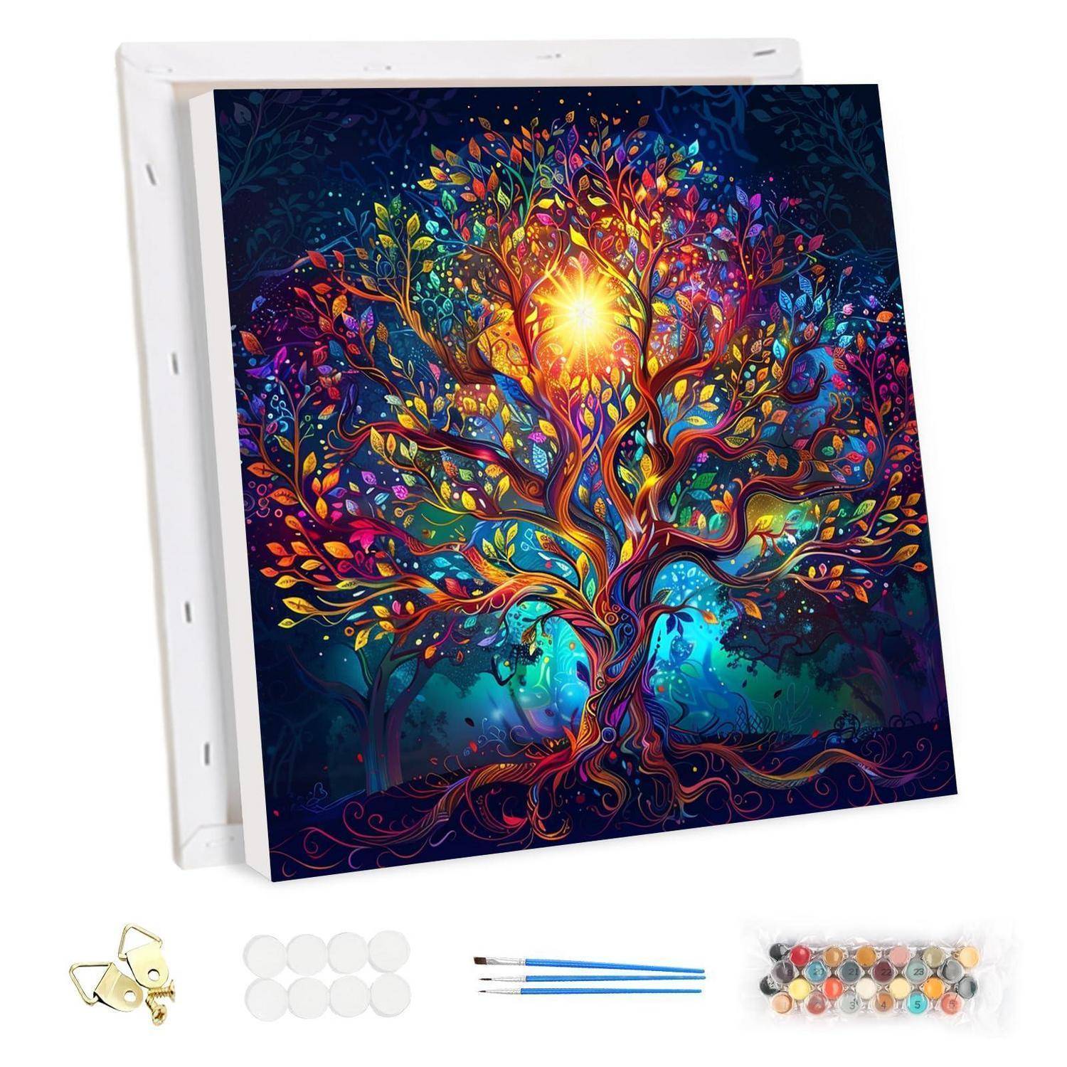 Buntes abstraktes Baumkunst-Leinwandgemälde mit leuchtend sonnenähnlichem Mittelpunkt, präsentiert als Wandhänge-Set mit Befestigungsmaterial, Klebepads, Pinseln und Farbpunkten.