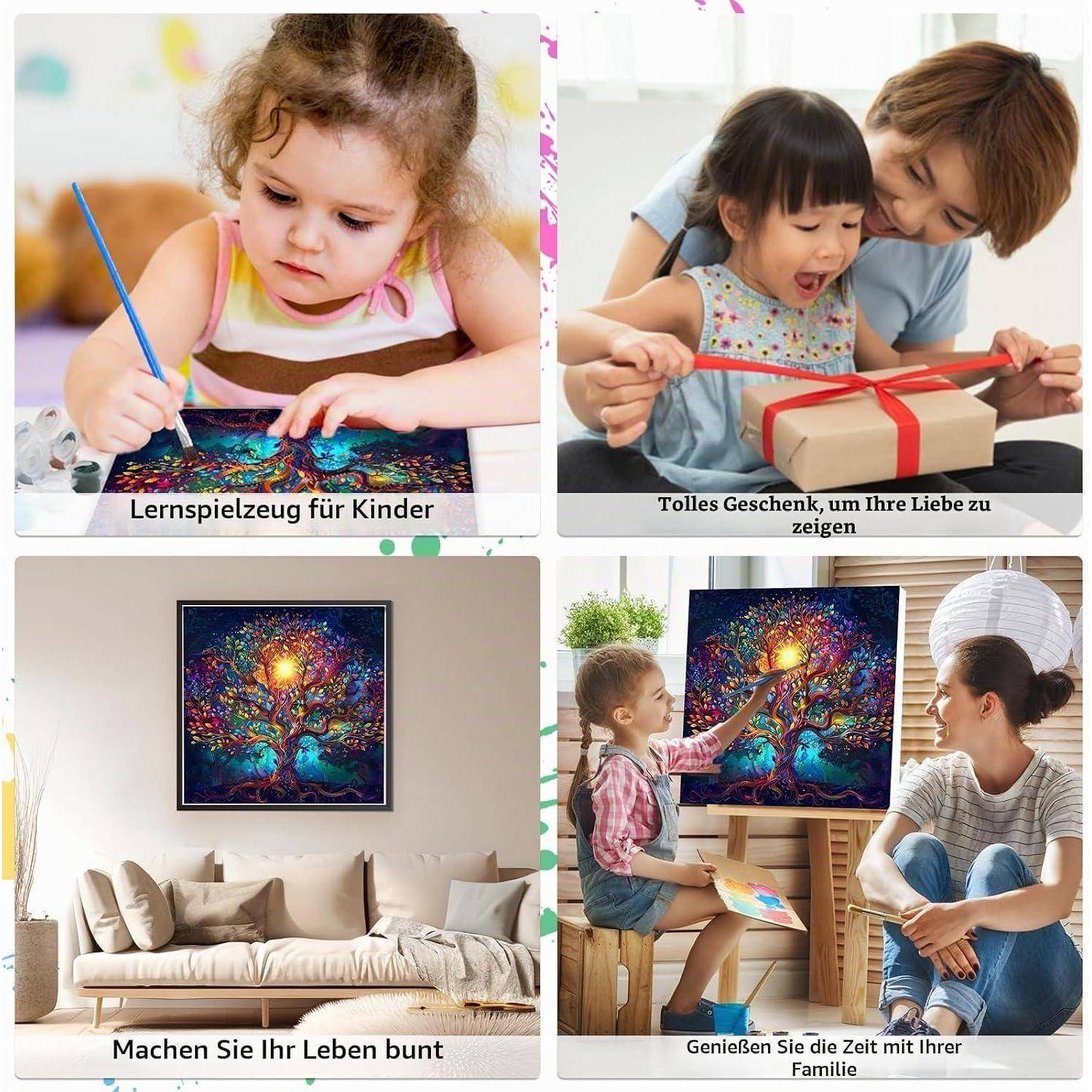 Collage von Geschenkwerbung für Familie und Kunst: Kind malt, Eltern und Kind öffnen ein Geschenk, buntes Baum-Kunstwerk im Wohnzimmer und Kind mit Mutter beim Malen.