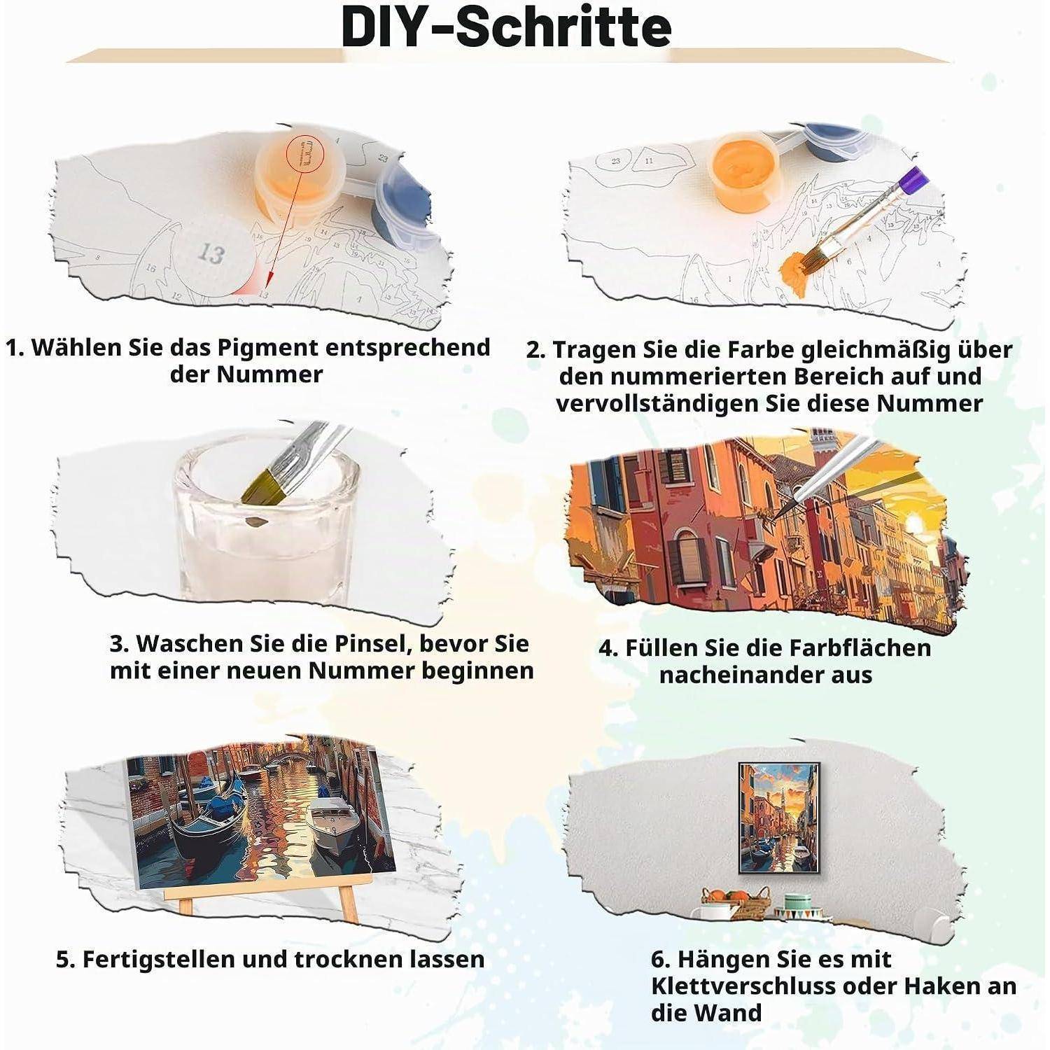 Deutschlandsame DIY-Schritte für ein Malen-nach-Zahlen-Projekt: Wählen Sie den passenden Farbton, malen Sie die nummerierten Bereiche an, waschen Sie die Pinsel, füllen Sie die Abschnitte aus, lassen Sie trocknen und hängen Sie es an die Wand.