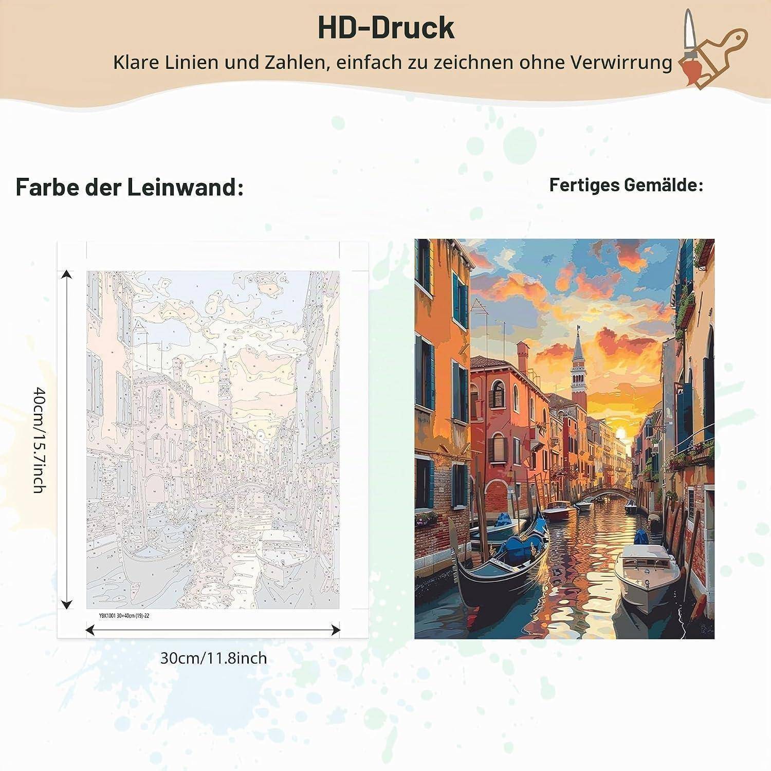 Werbegrafik für HD-Druckleinwand: links zeigt leere umrissene Leinwand, rechts zeigt fertiges farbiges Kanalgemälde; Größe 30 x 40 cm.