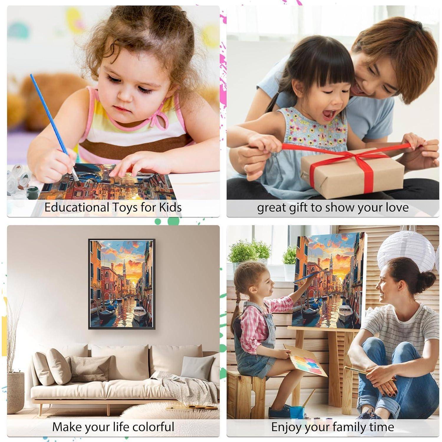 Collage aus vier Panels: Kind malt, Mutter und Kind öffnen ein Geschenk, farbenfrohe Wandkunst im Wohnzimmer und Familie malt zusammen.