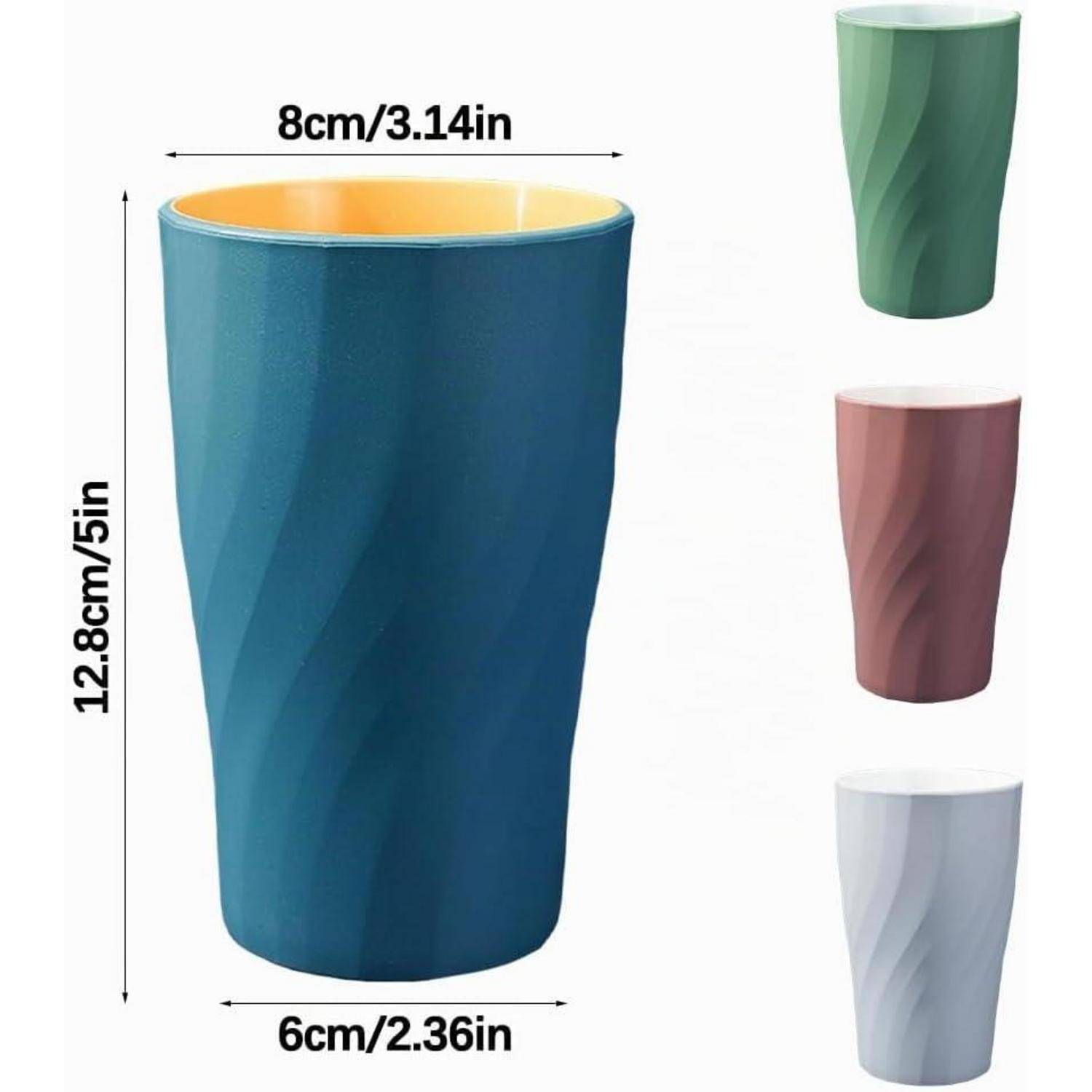 Produktbild eines konischen Bechers, 12,8 cm hoch, 8 cm Durchmesser oben und 6 cm Basis, in Blau dargestellt mit grünen, rosa und grauen Farboptionen.