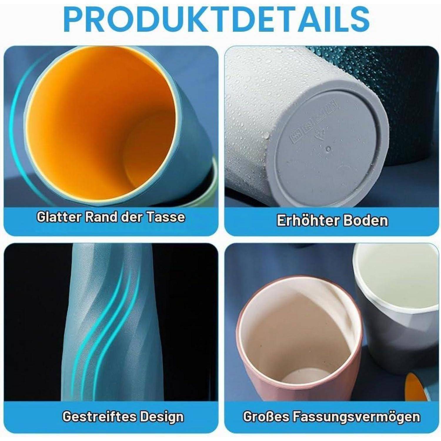 Produktdetails-Grafik zeigt eine Tasse mit glattem Rand, erhobener Basis, Streifenmuster und großem Fassungsvermögen.