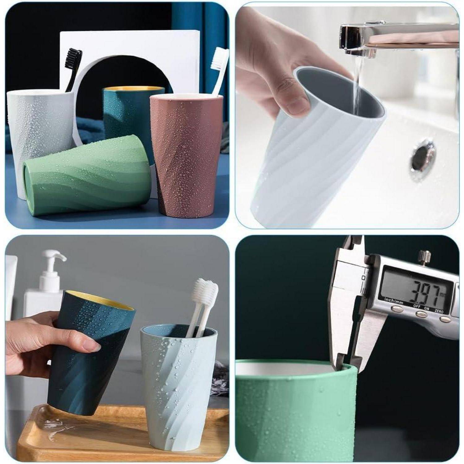 Die Collage zeigt strukturierte Tassen in mehreren Farben, die wie Trinkbecher verwendet werden und mit Schieblehren gemessen werden, um ihre Größe und ihr Design hervorzuheben.