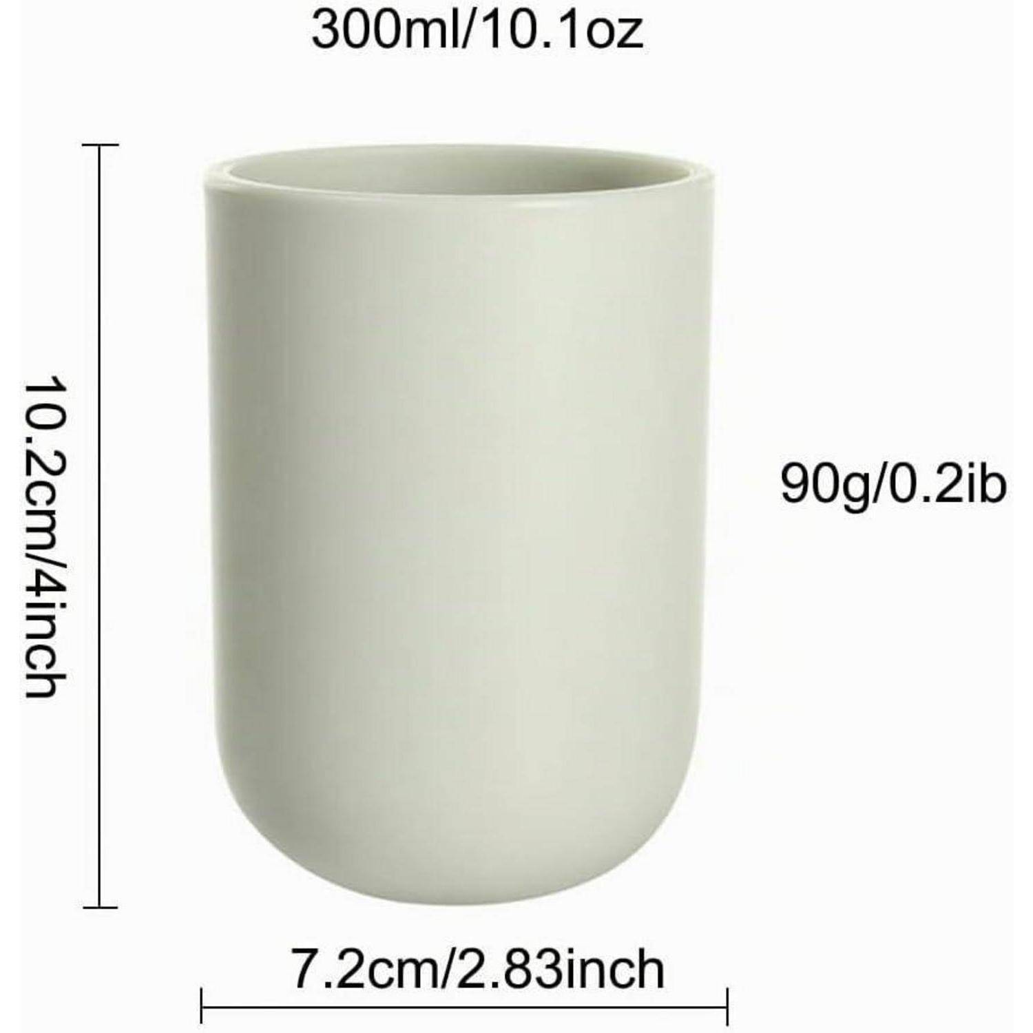 Produktbild eines kleinen zylindrischen Bechers oder Trinkglases, mit der Bezeichnung 300 ml/10,1 oz, 10,2 cm hoch, 7,2 cm breit und 90 g.