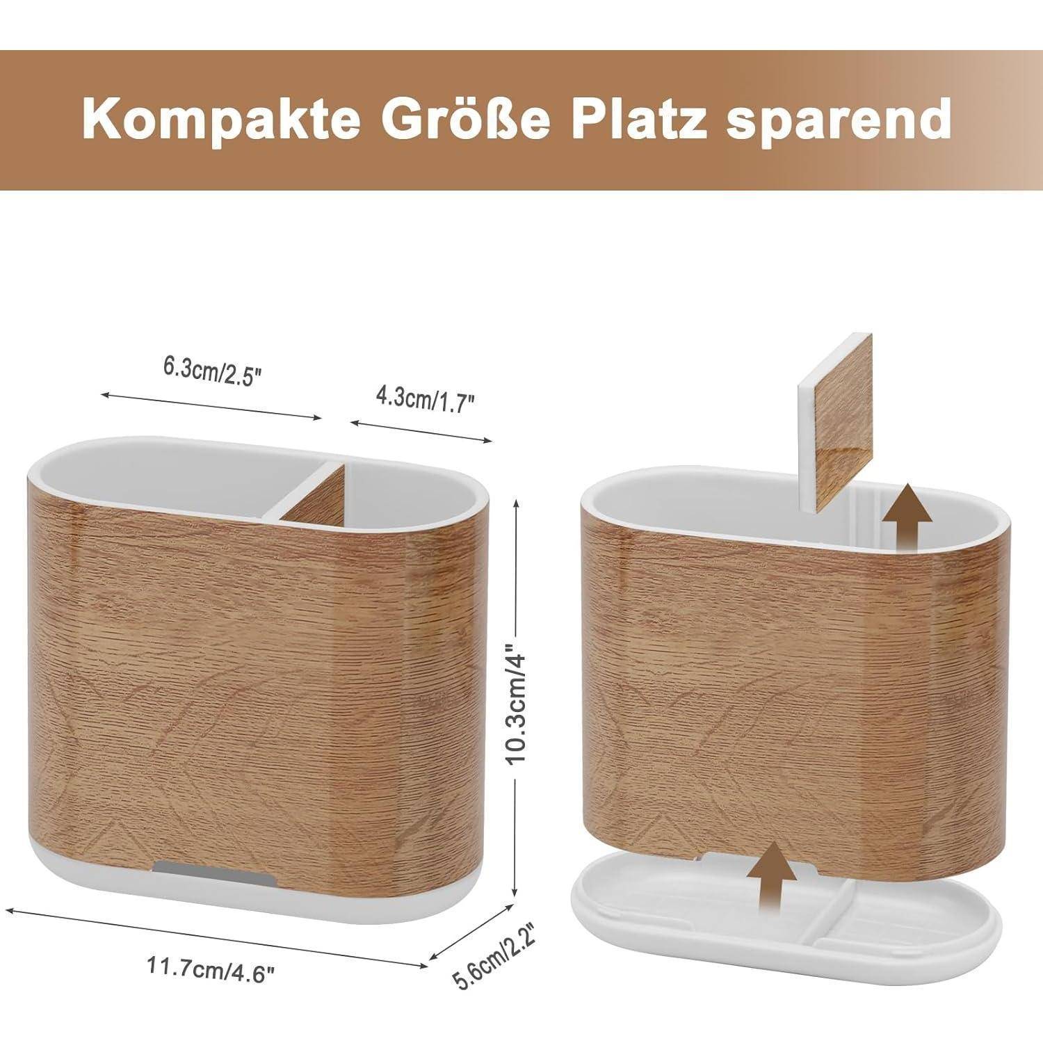Diagramm eines kompakten Lagerbehälters mit Holzmaserungsoptik und weißer Basis, das die Abmessungen 11,7 cm x 5,6 cm x 10,3 cm und einen abnehmbaren Teiler/Deckel zeigt.