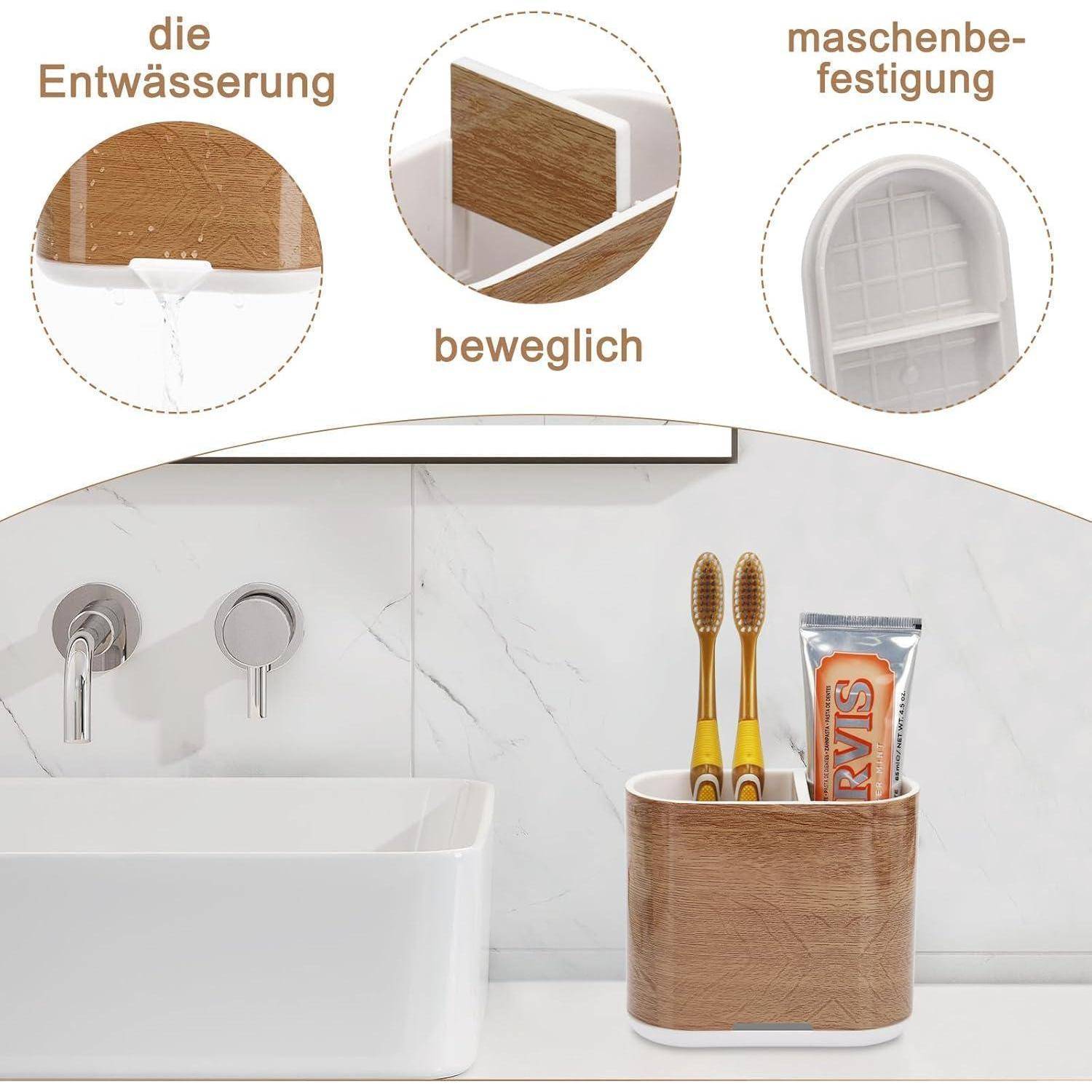 Spülbecken-Caddy mit holzähnlicher Außenseite und weißer Basis, das Entwässerung, bewegliche Trennwand und Netzfixierungsfunktionen über einem Badezimmerspülbecken zeigt.