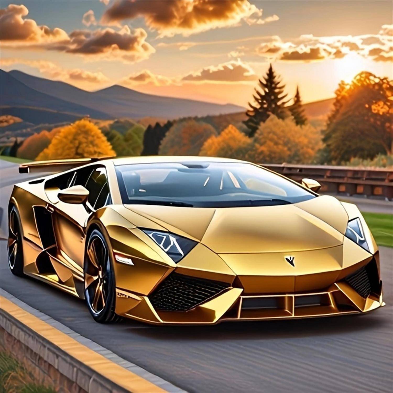 Ein goldener Lamborghini-ähnlicher Supersportwagen fährt bei Sonnenuntergang auf einer Straße, mit Bergen und Herbstbäumen im Hintergrund.