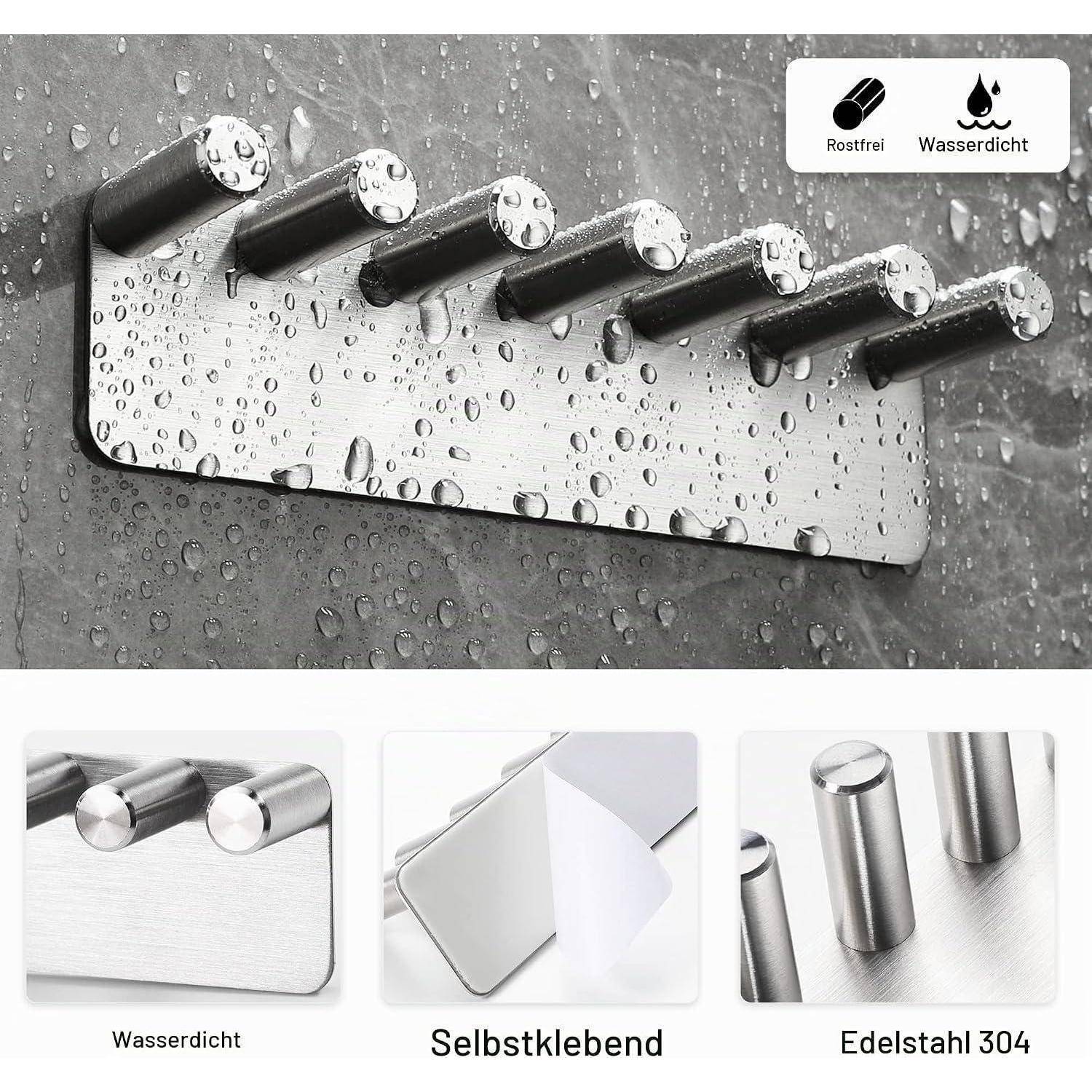 Produktabbildung von Edelstahl-Wandhaken mit selbstklebendem Rücken, gekennzeichnet mit 'Wasserdicht', 'Selbstklebend' und 'Edelstahl 304', zeigt wasserdichte, selbstklebende Eigenschaften.