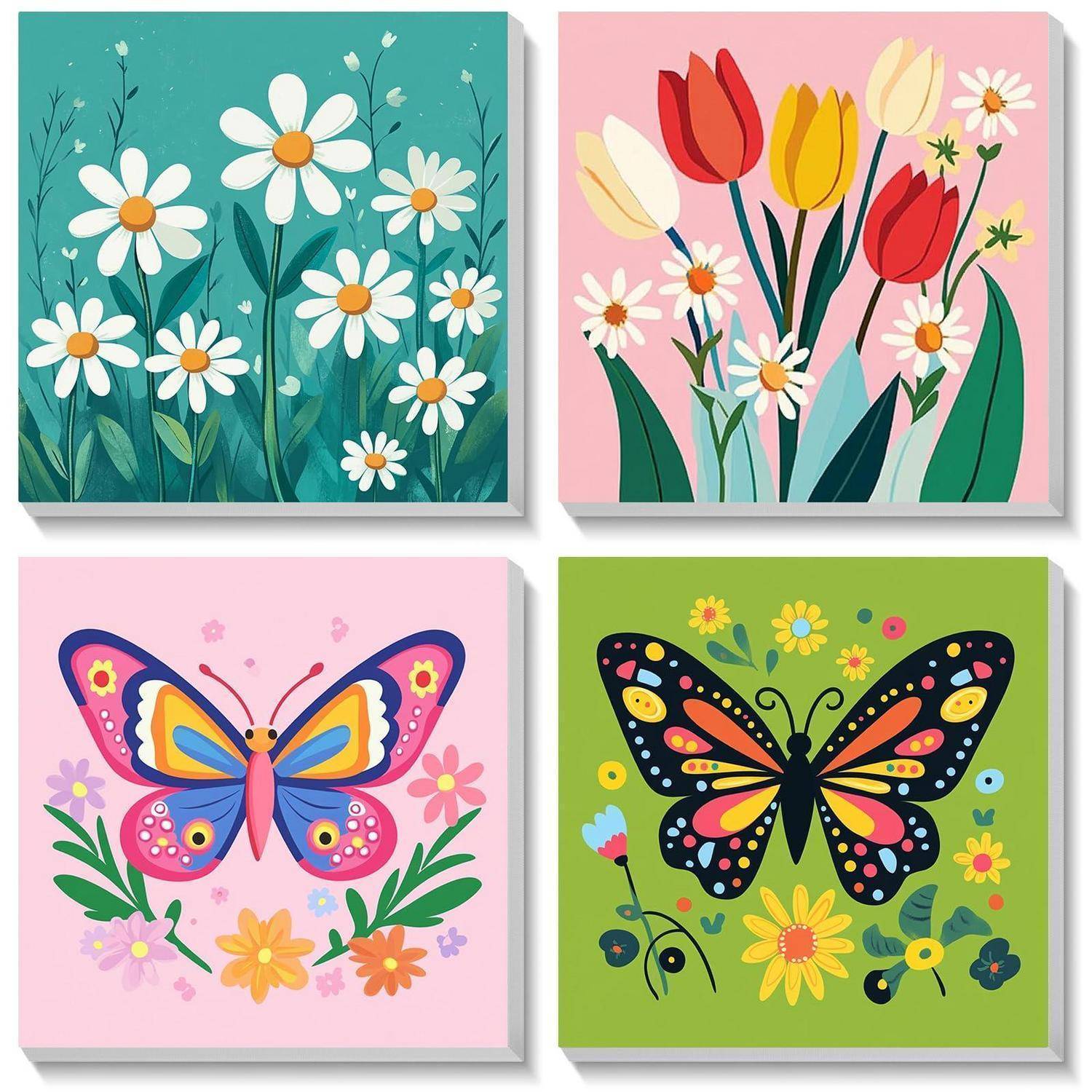 Vier bunte dekorative Blumen- und Schmetterlingsillustrationen auf quadratischen Leinwänden, in einem 2x2-Raster angeordnet.
