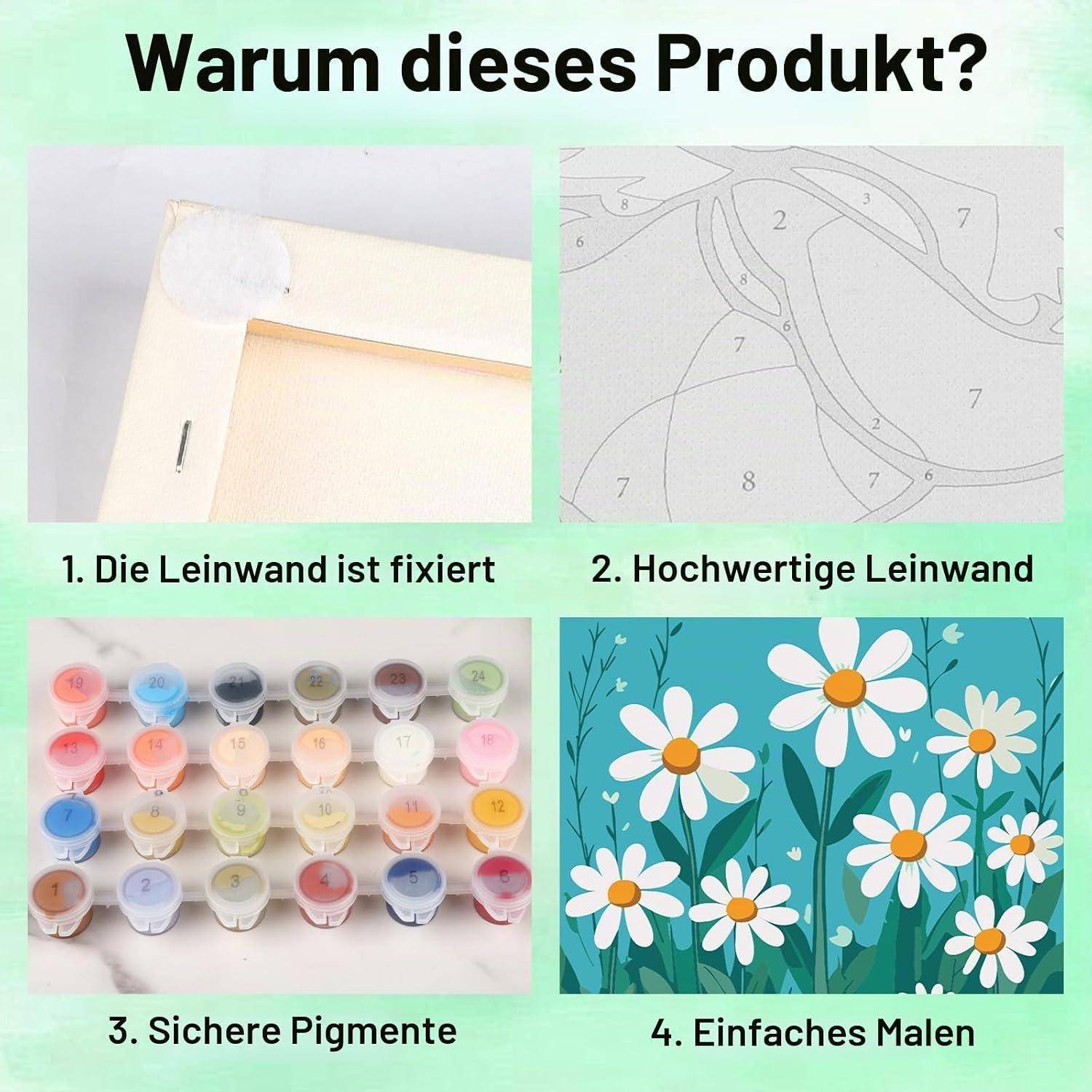 Bowetile 4 Stück Blume Malen Nach Zahlen Kinder ab Adults Jahre Mädchen mit Rahmen, Malen Nach Zahlen Kinder, Diy Gemäide Bastelset auf Leinwand mi