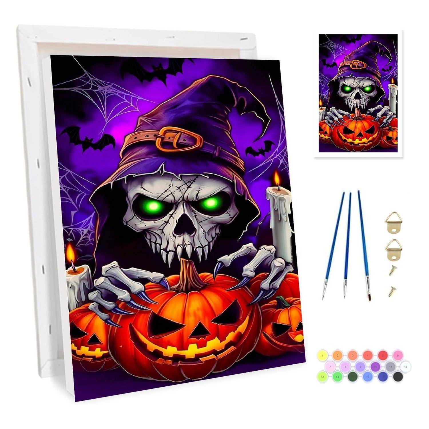 Halloween-Diamantmalerei-Set mit einem leuchtenden Schädel in einem Hexenhut über einer Kürbislaterne, plus Werkzeuge und Bohrer im Lieferumfang enthalten