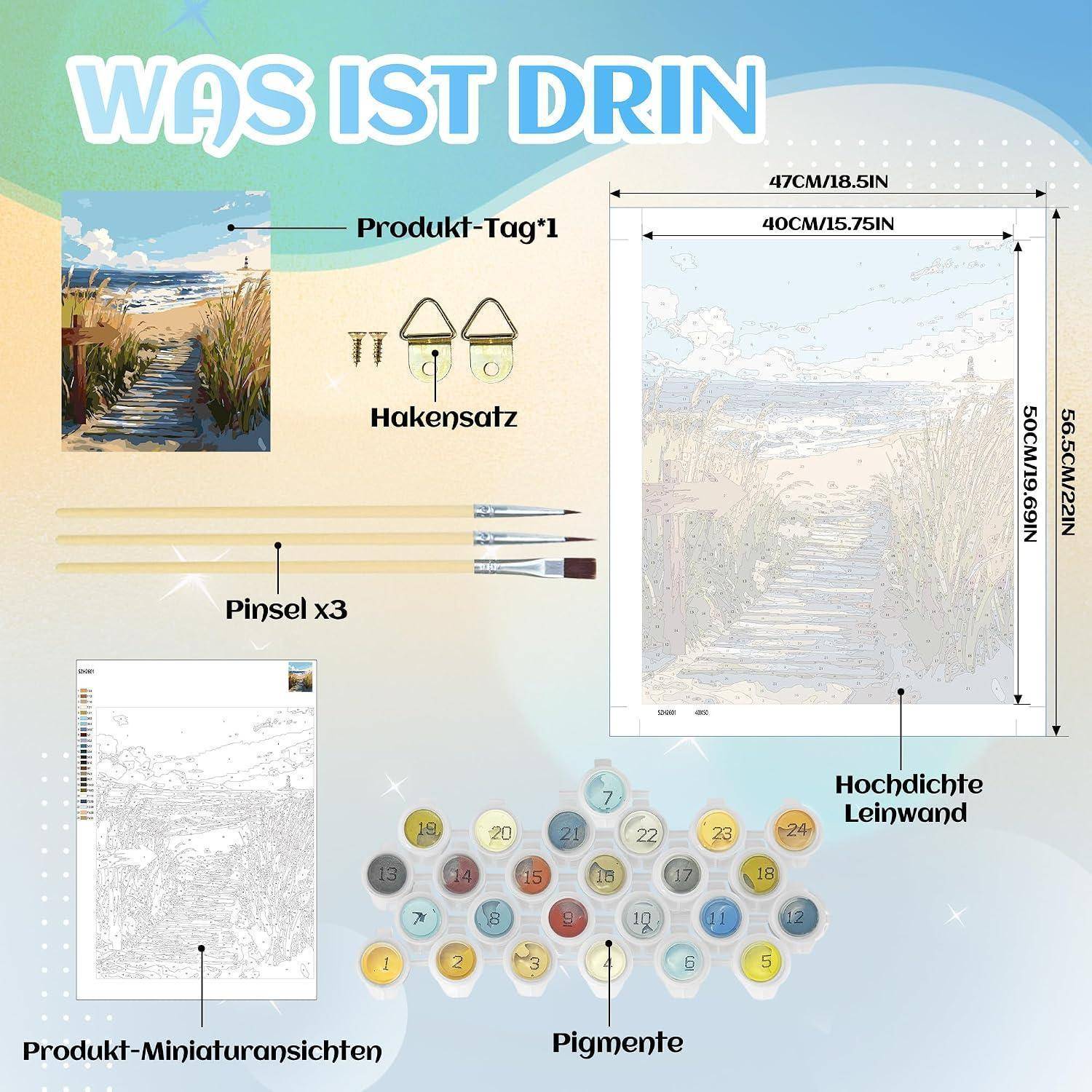Diamond-Painting-Set-Inhalt: Produktetikett, Aufhängehaken, 3 Pinsel, hochzähliges Canvas, winziges Vorschaubild und nummerierte Pigmentbehälter.
