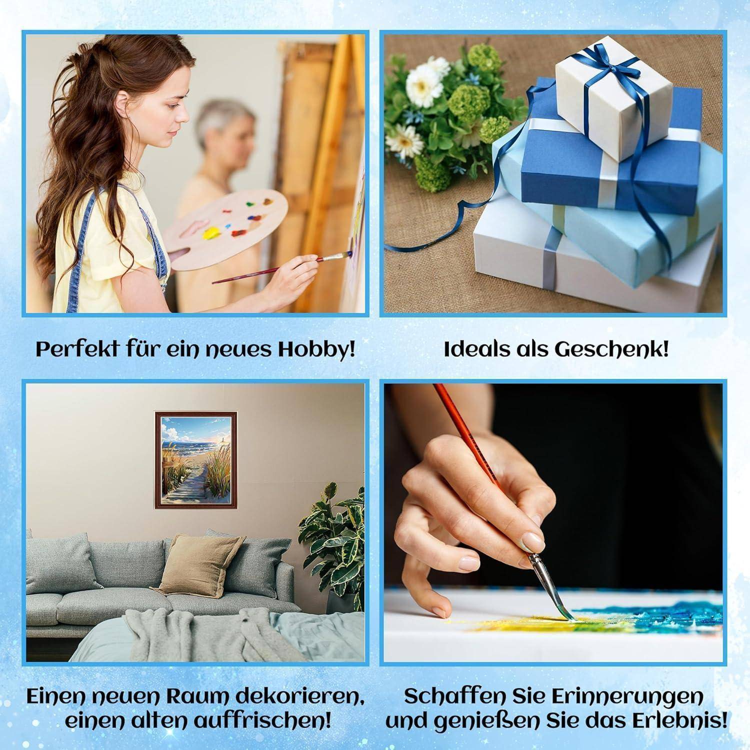 Vier-Panel-Collage zur Förderung des Malens: eine Frau malt, verpackte Geschenkboxen, ein dekoriertes Wohnzimmer und eine Hand, die eine farbenfrohe Szene malt, mit deutschen Bildunterschriften über Hobby, Geschenk, Raumdekoration und das Schaffen von Erinnerungen.