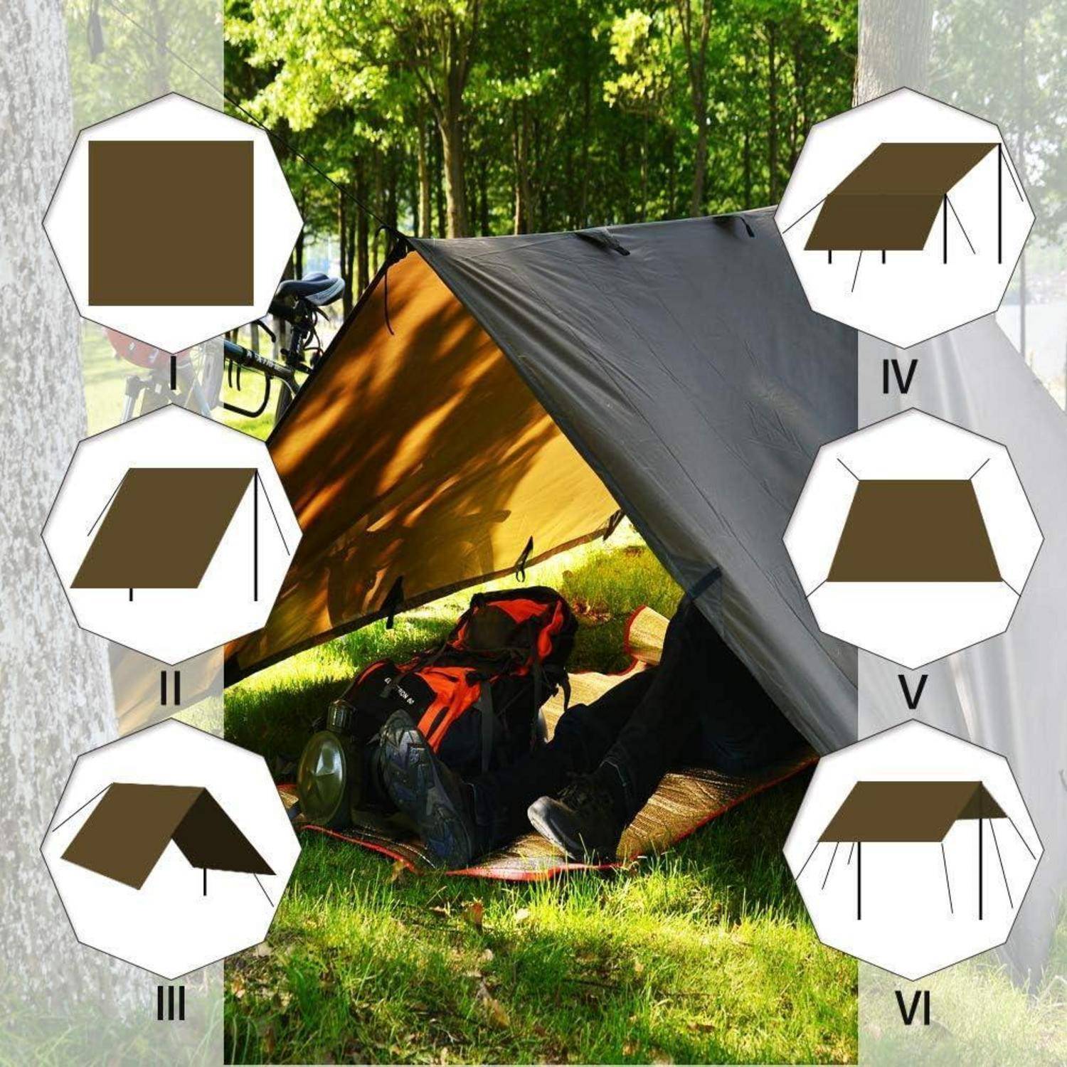 Campingplane-Unterstand unter Bäumen mit sechs Einschub-Diagrammen, die verschiedene Plane-Spannkonfigurationen mit den Bezeichnungen I bis VI zeigen.