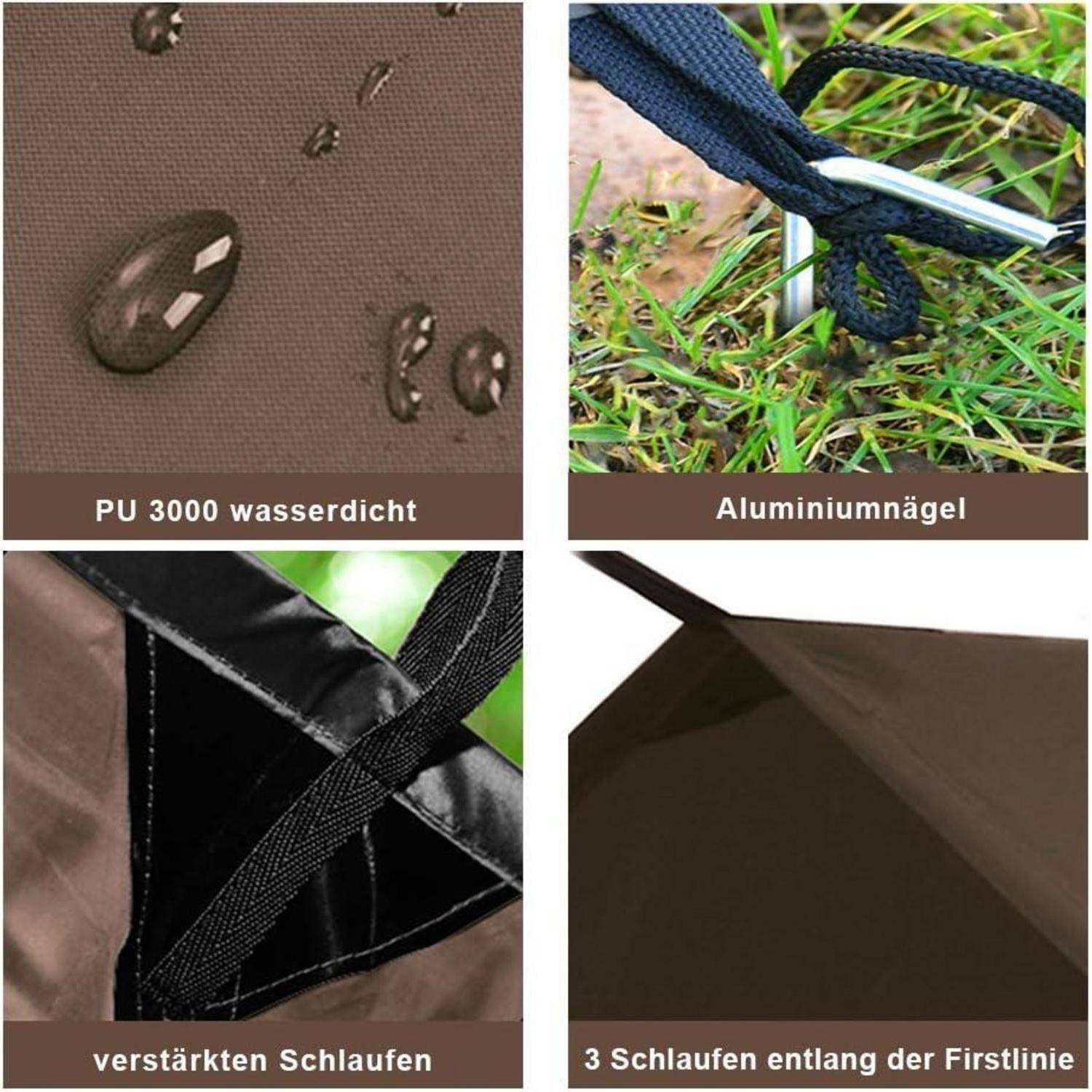 Vierteilige Produktdetailaufnahmen zeigen wasserdichtes PU-3000-Gewebe, Aluminiumpflöcke, verstärkte Schlaufen und drei Schlaufen entlang der Firstlinie.
